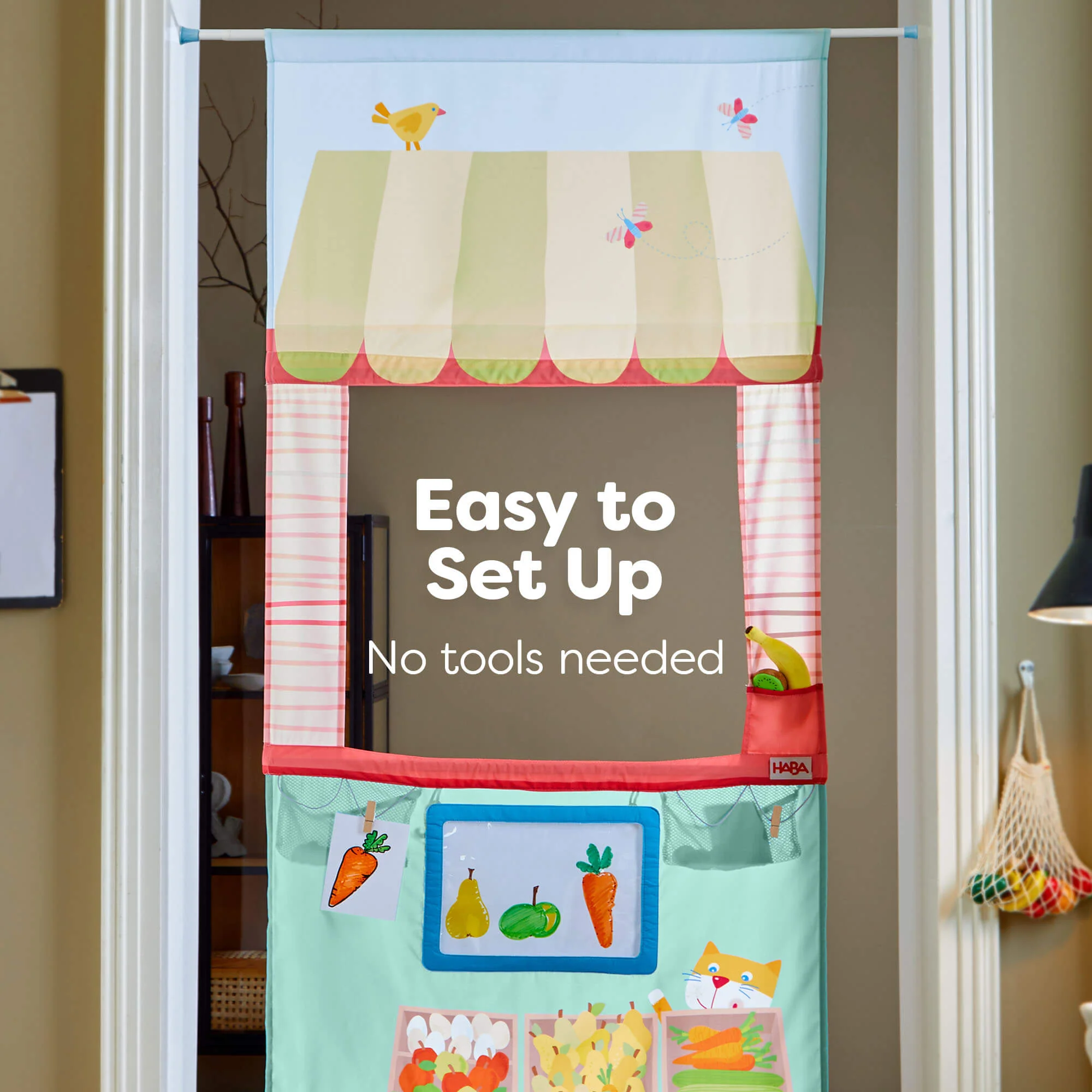 Hanging Doorway Play Store with Telescopic Rod and Beech Slats