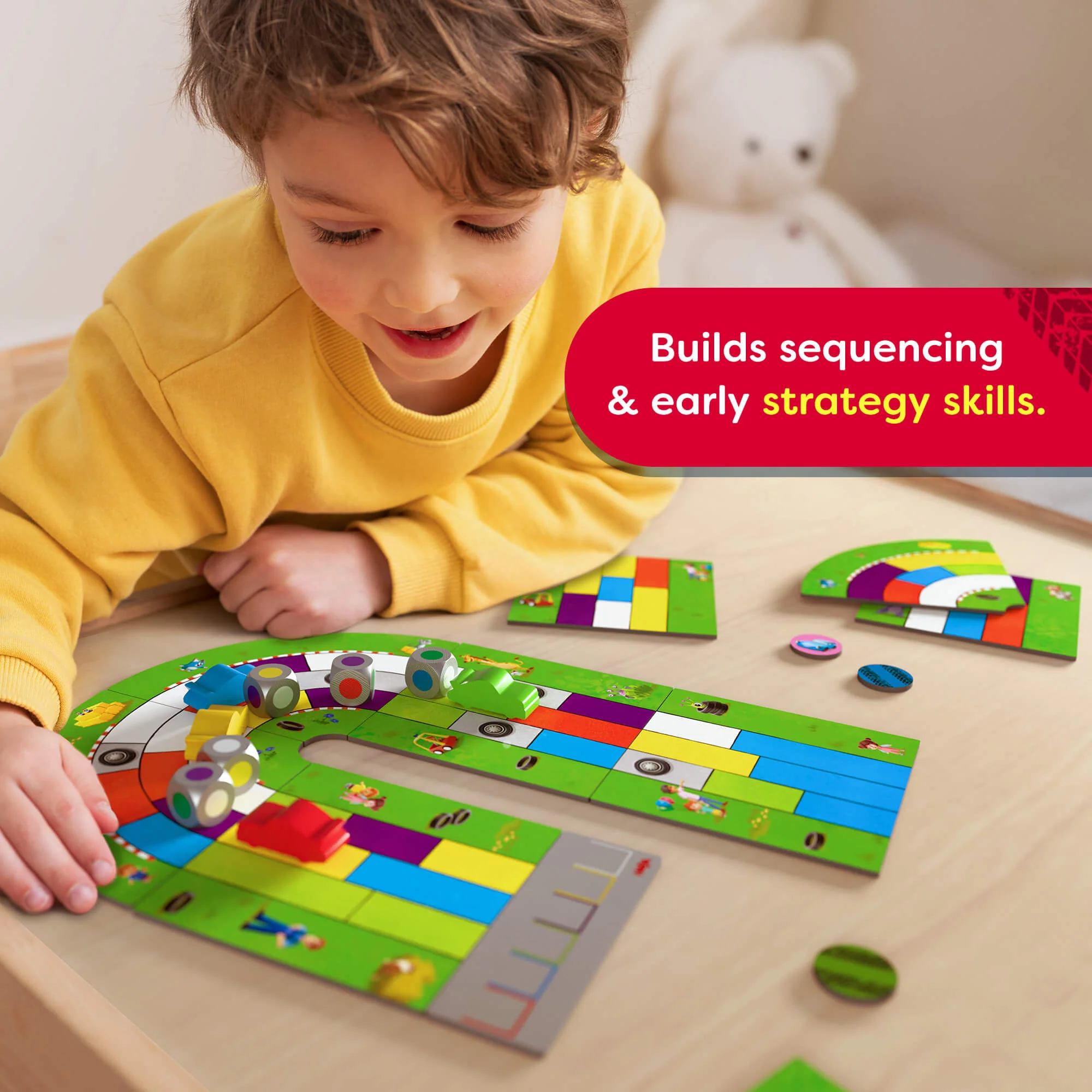 HABA Monza Racing Game with 20 Modular Track Tiles and 6 Wooden Cars