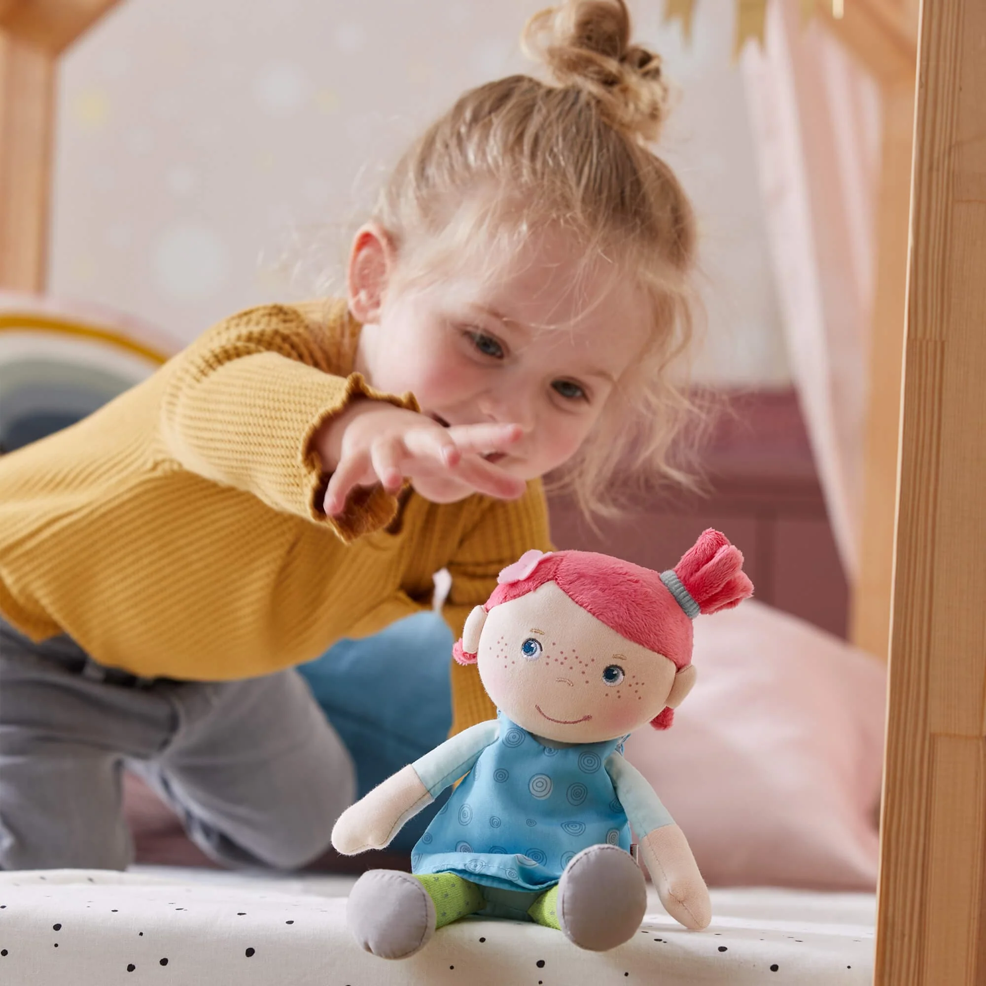 Snug Up Doll Philine: Soft Baby Doll with Red Hair and Polka Dot Dress
