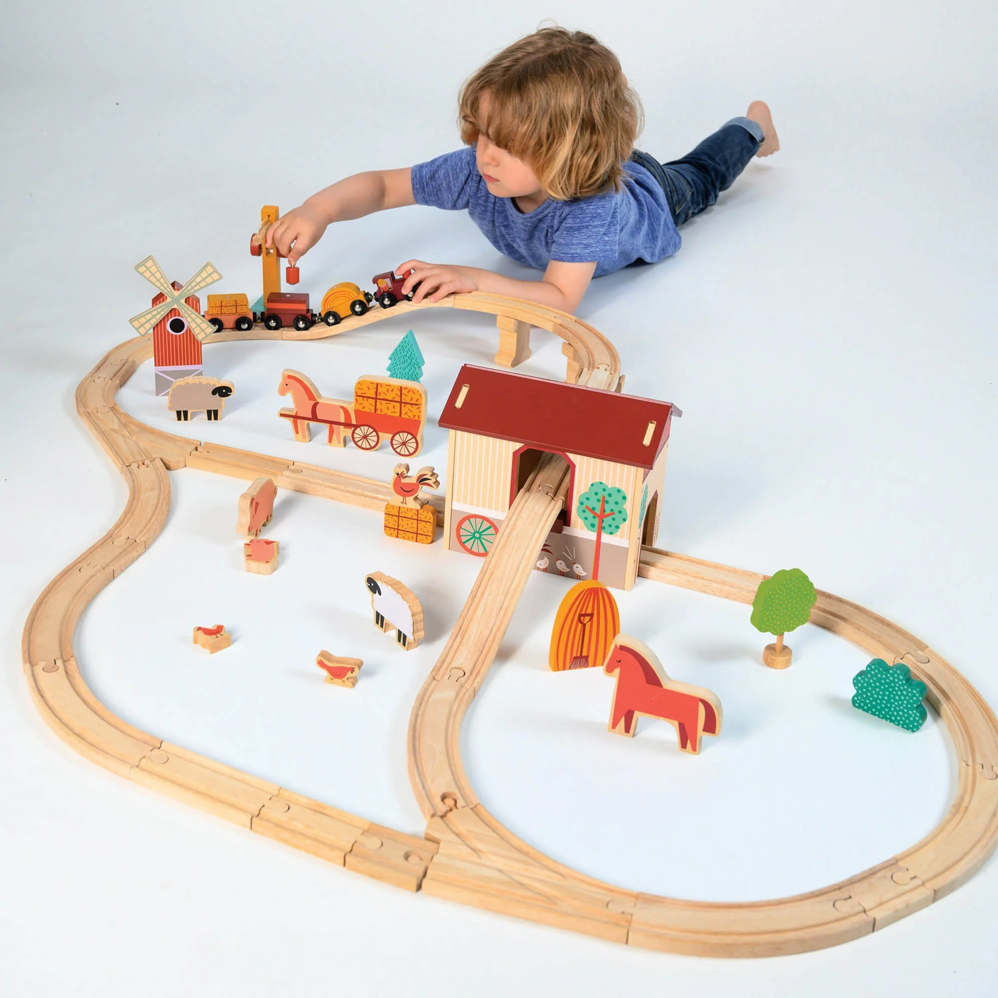 Mentari Farmyard Wooden Train Set for Countryside Storytelling Play
