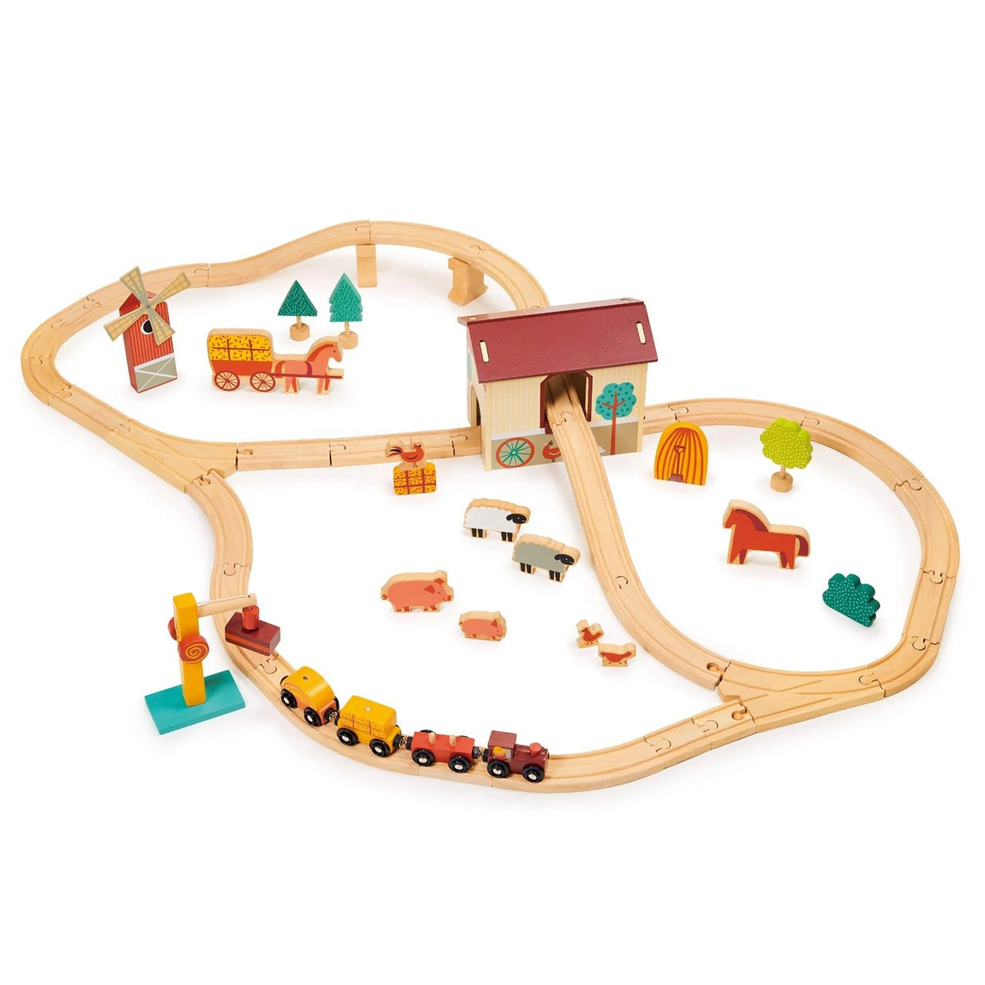 Mentari Farmyard Wooden Train Set for Countryside Storytelling Play