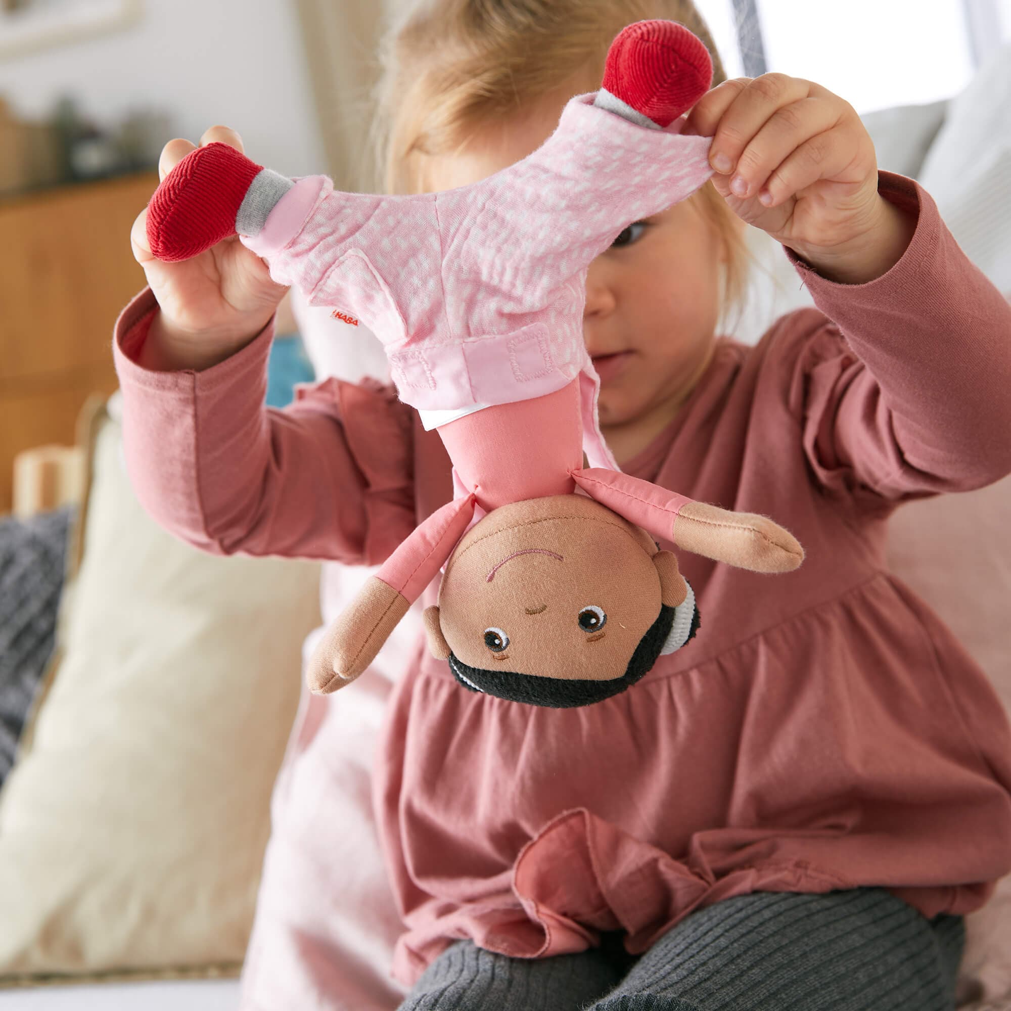 Snug Up Doll Rumbi: Soft Baby Doll with Removable Overalls and Pocket