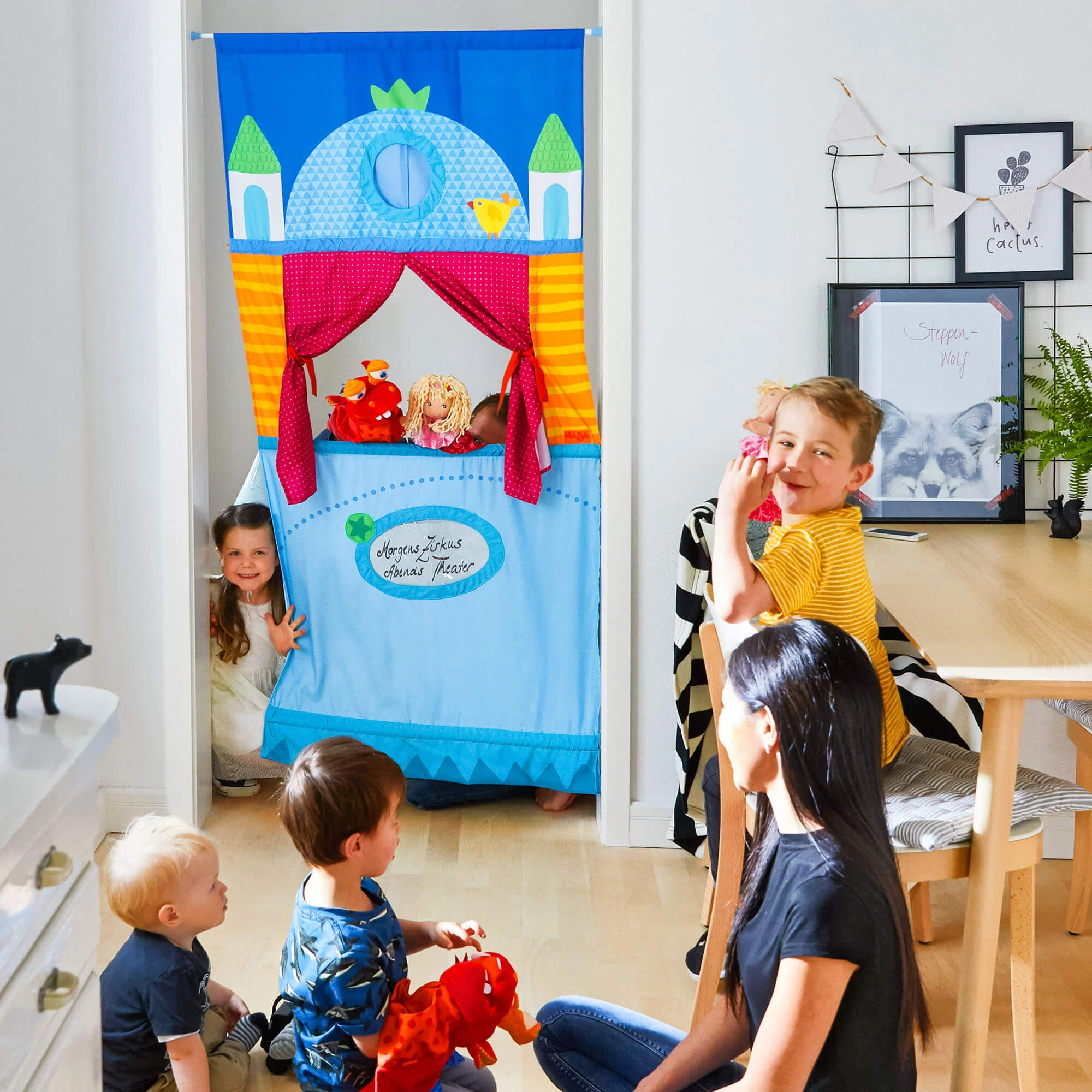 HABA Doorway Puppet Theater with Adjustable Rod and Red Curtains