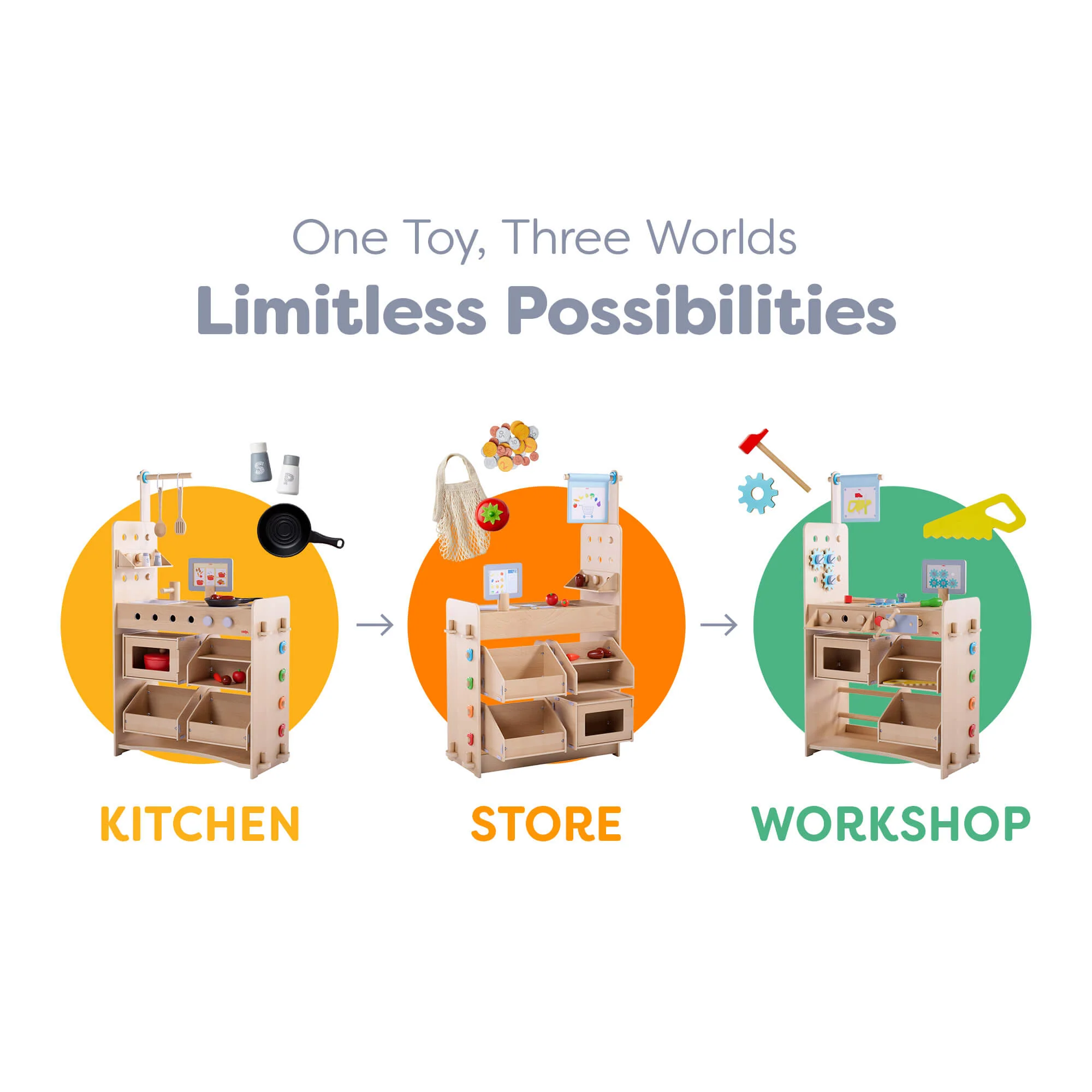 Creative Play 3 in 1 – Play Kitchen, Store & Workshop