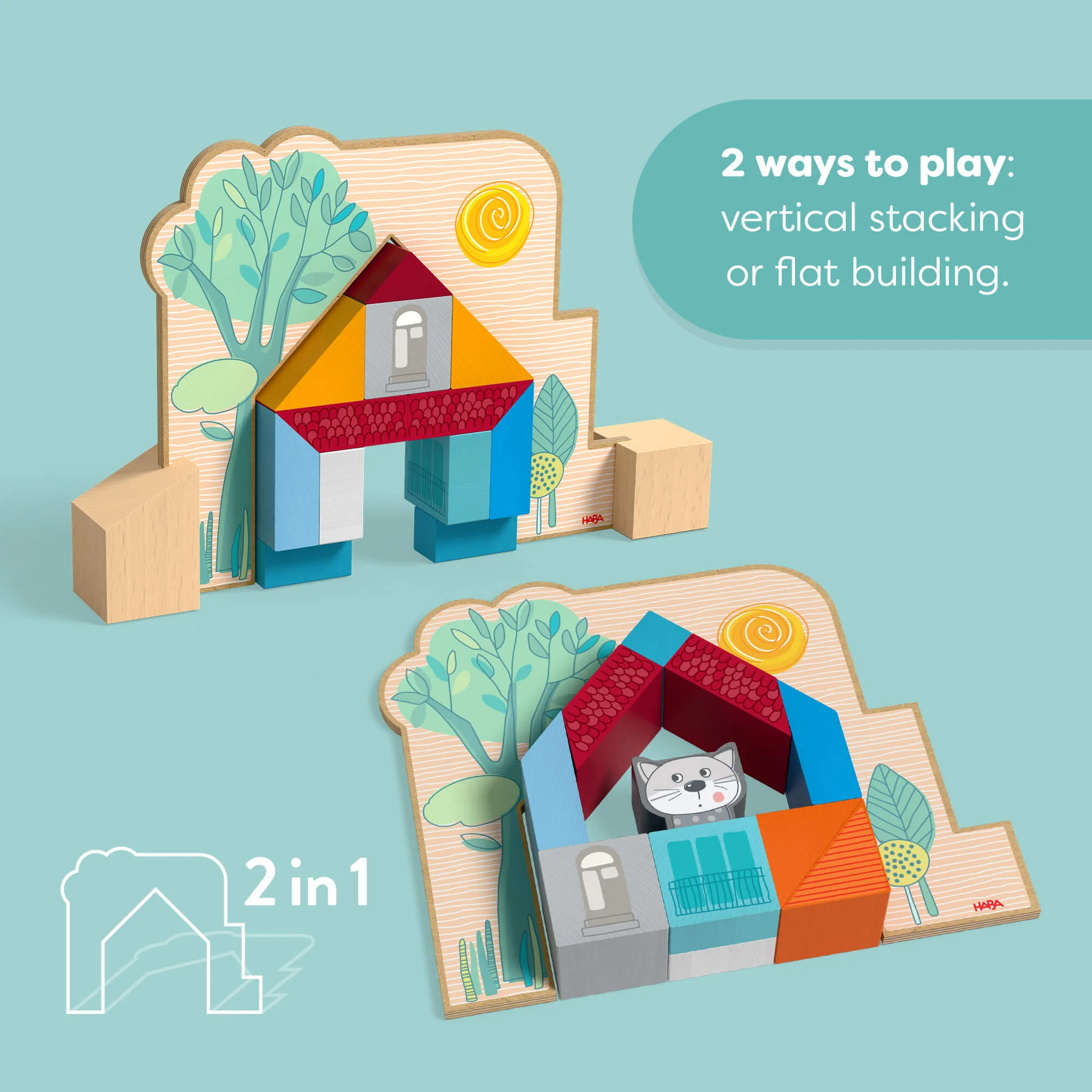 HABA Cottage Puzzle Blocks Game with 20 Wooden Blocks and Cat and Dog