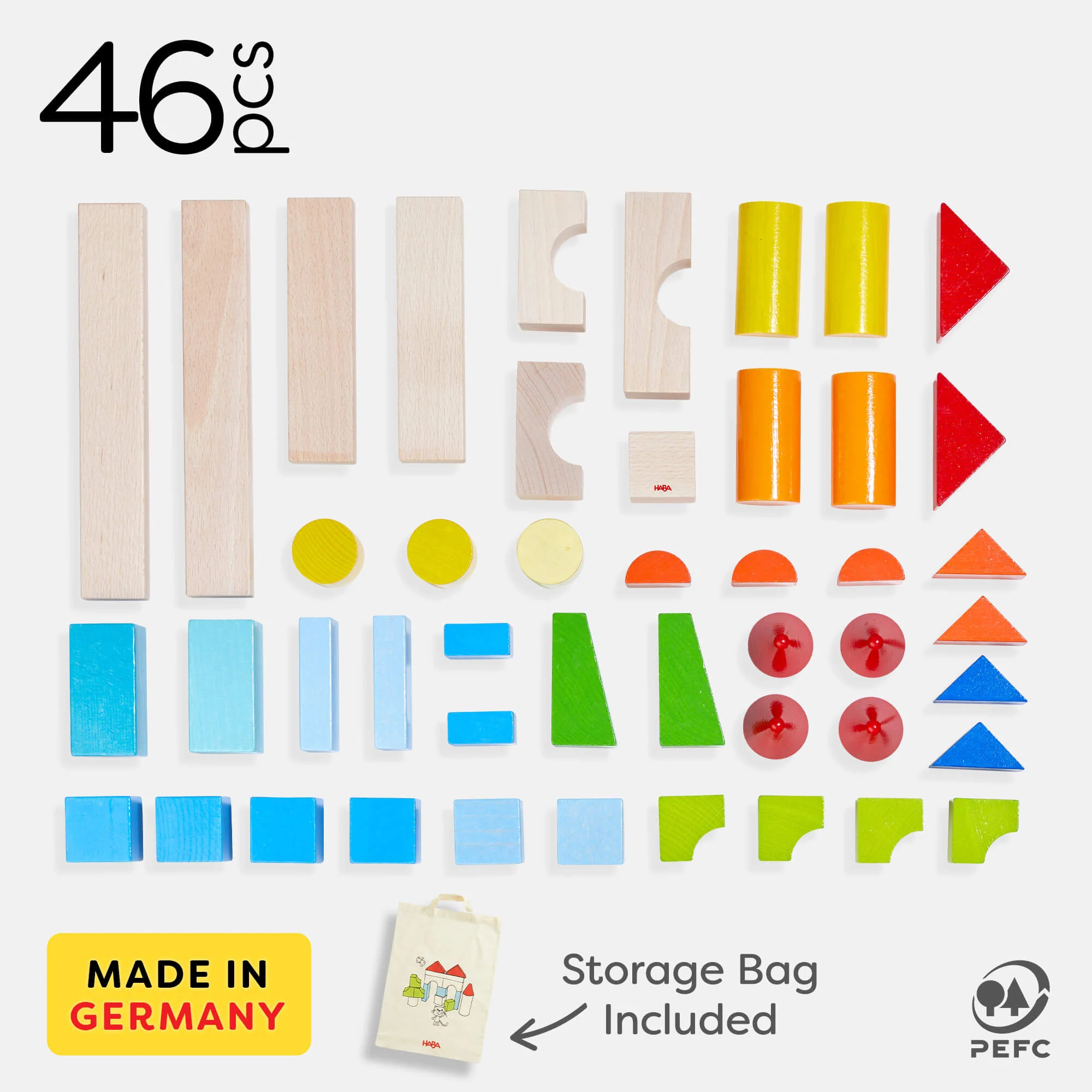 Colored Wooden Building Blocks, 46 Piece Set for Ages 1 and Up