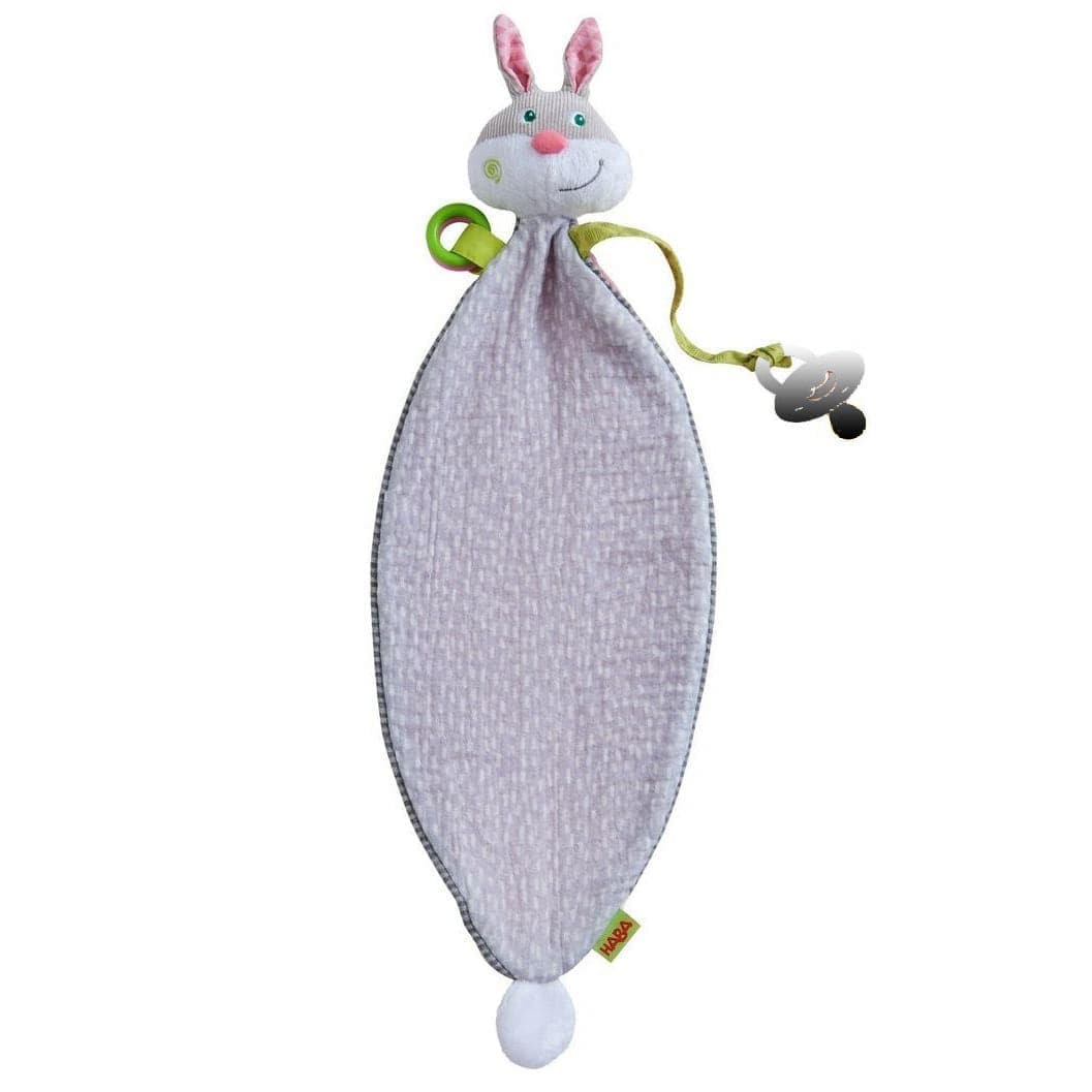 Bunny Lovey Baby Blankie with Rattle Rings and Pacifier Strap