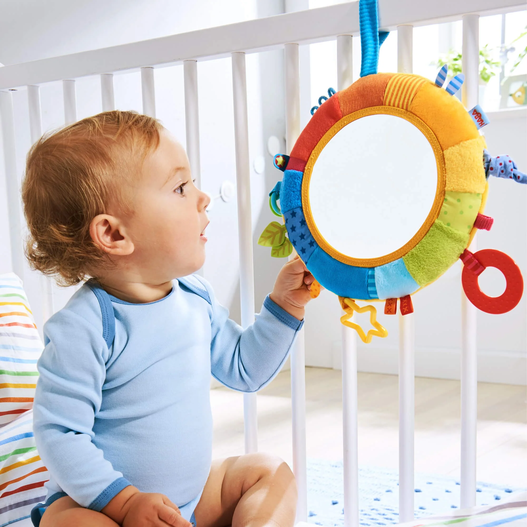 Rainbow Discovery Mirror Baby Teether Ring with Hook-and-Loop Fastener