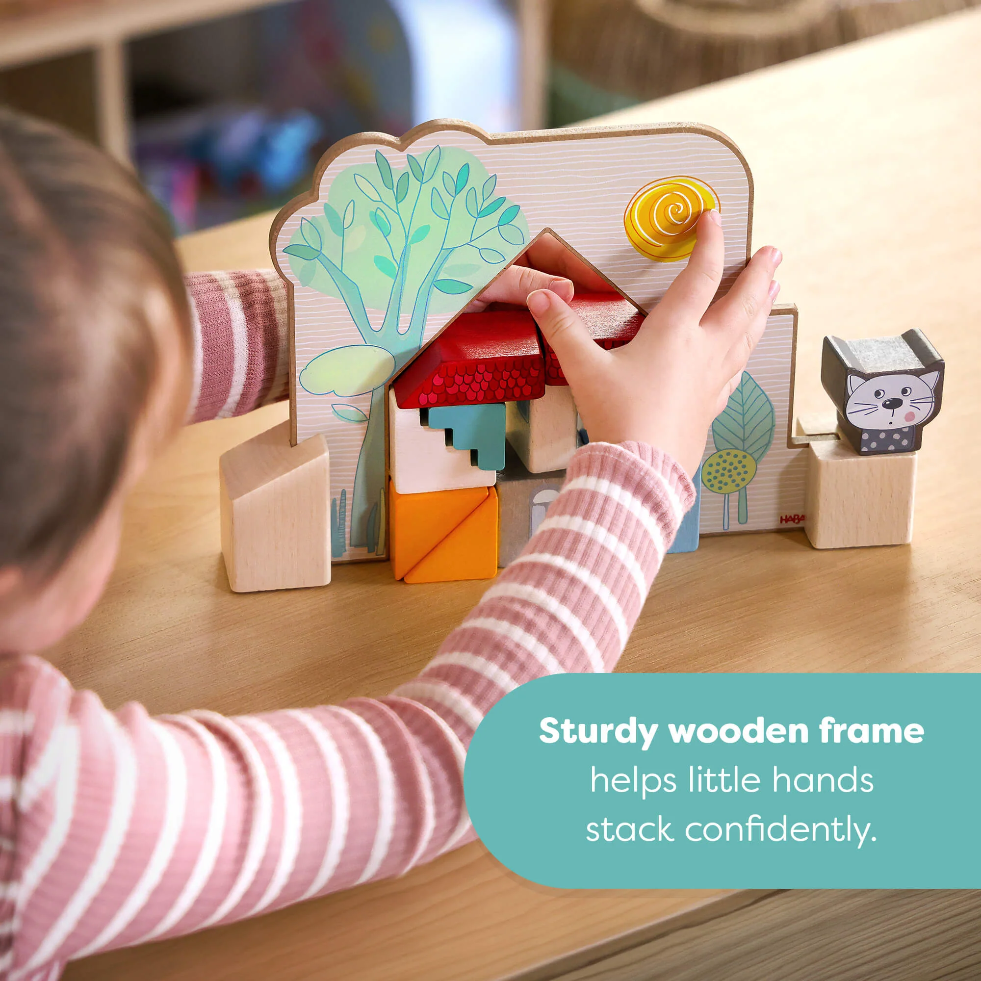HABA Cottage Puzzle Blocks Game with 20 Wooden Blocks and Cat and Dog