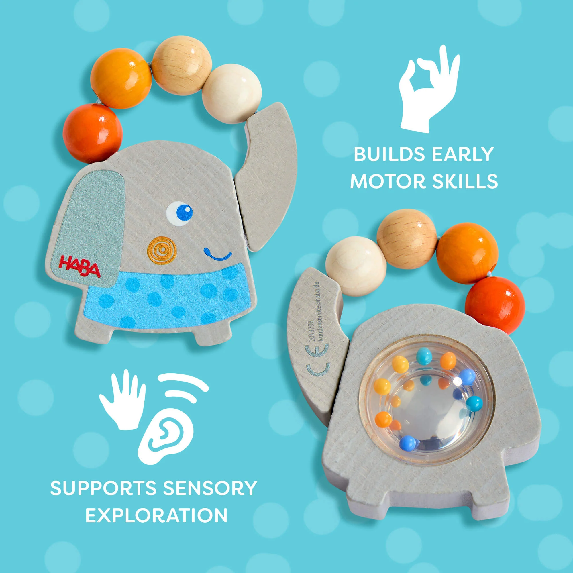 Wooden Elephant Rattle & Grasping Toy for Babies