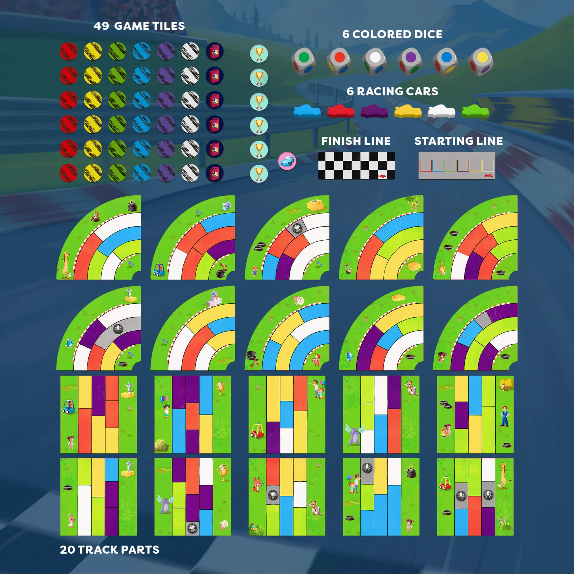 HABA Monza Racing Game with 20 Modular Track Tiles and 6 Wooden Cars