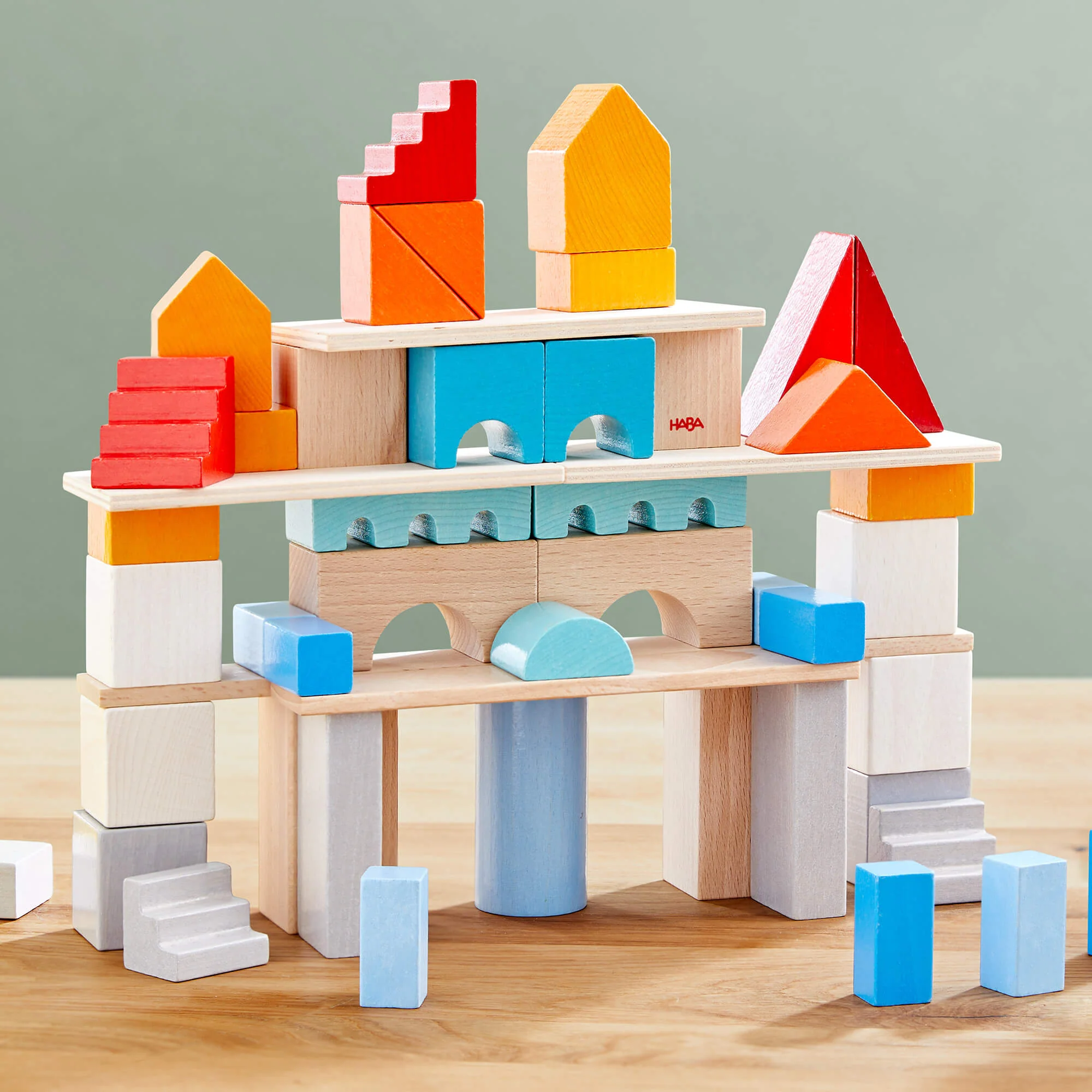Colored Wooden Building Blocks 85 Piece Set with Cotton Bag