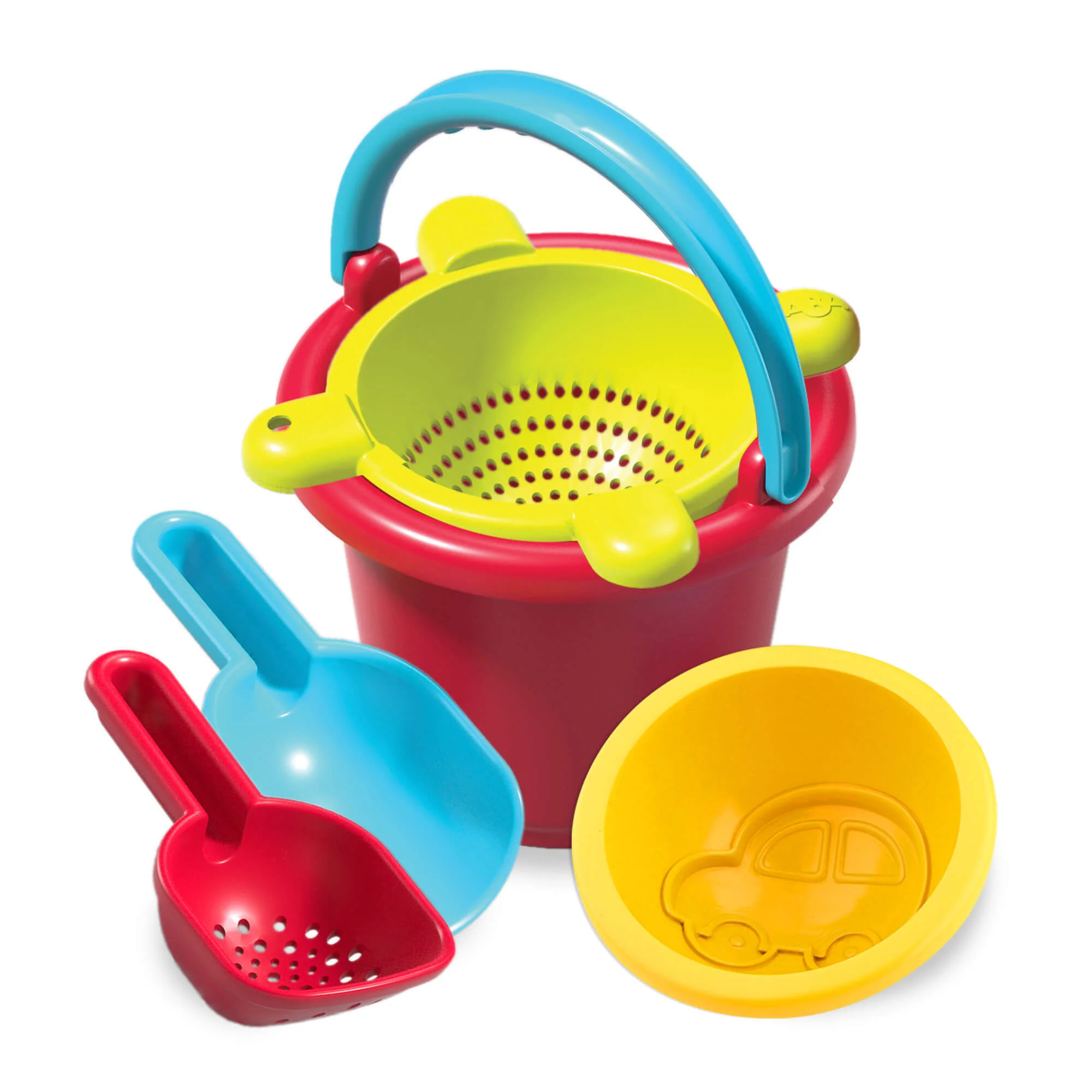 HABA 5 Piece Basic Sand Toys Set with Red Pail, Scoop, and Sifting Shovel