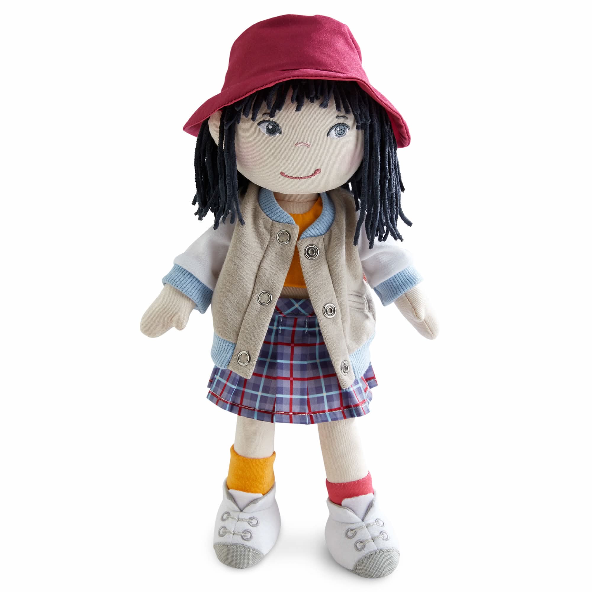 Yuki 12" Soft Doll with Red Bucket Hat and Plaid Skirt