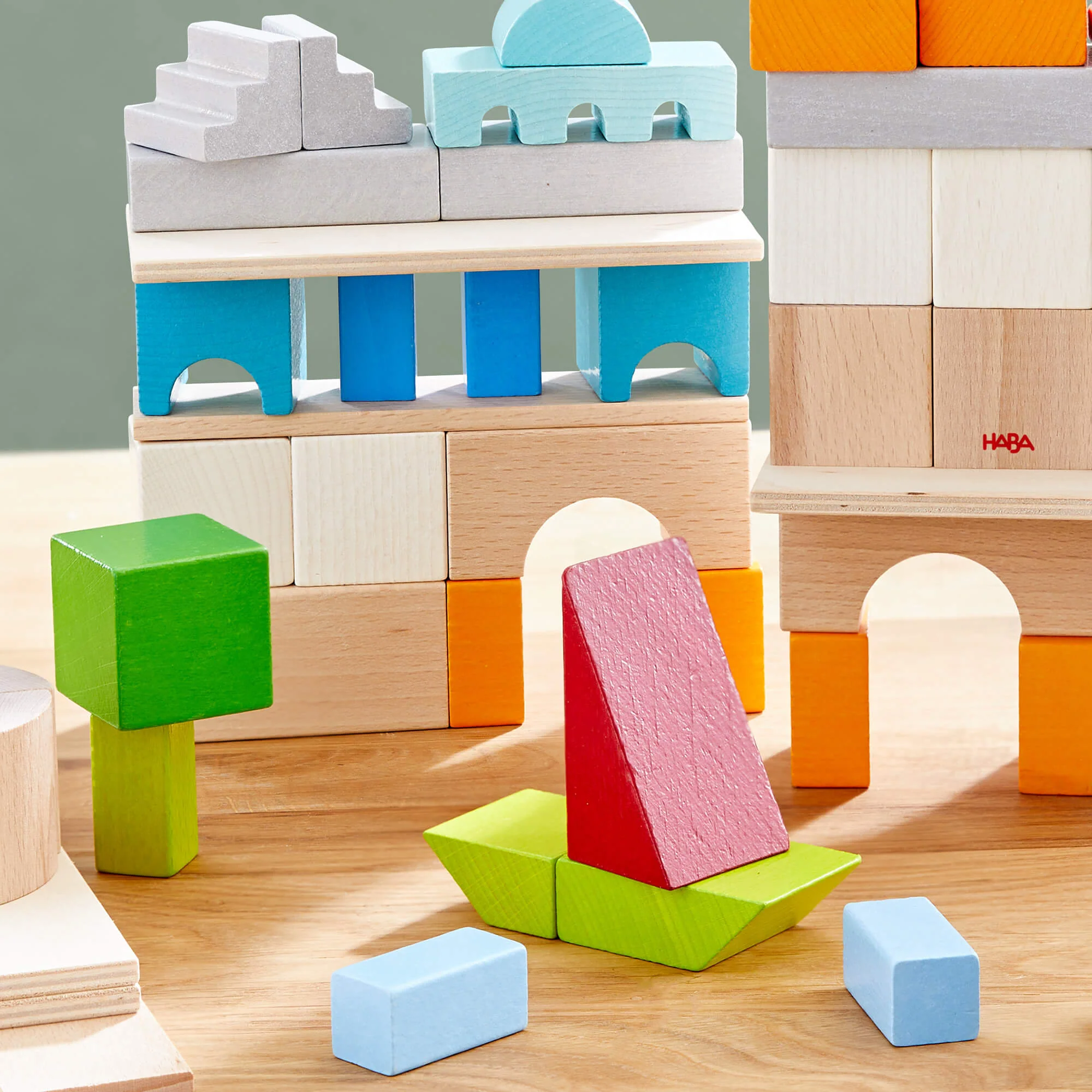 Colored Wooden Building Blocks 85 Piece Set with Cotton Bag