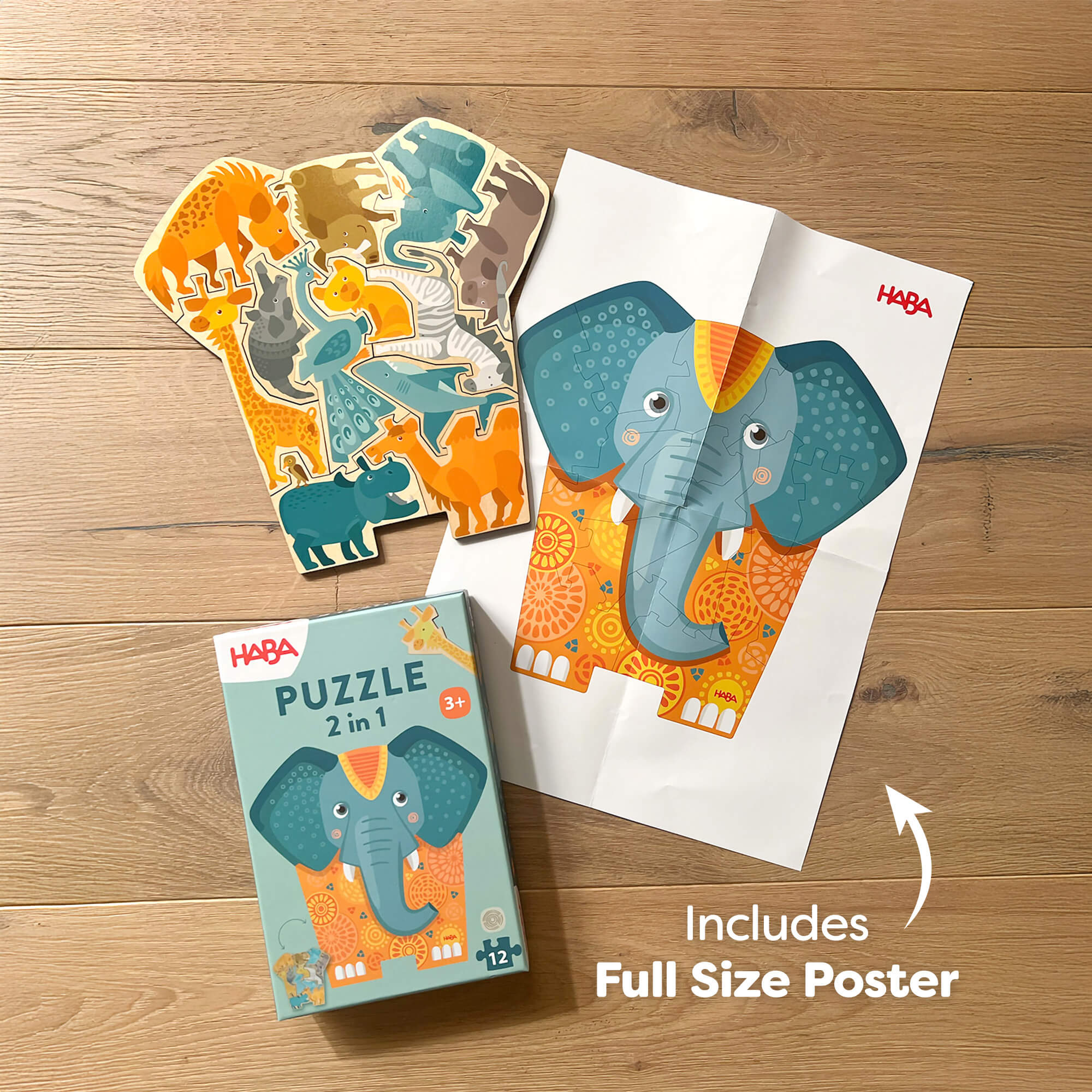 Elephant 2-in-1 Wooden Puzzle with 12 Double-Sided Pieces