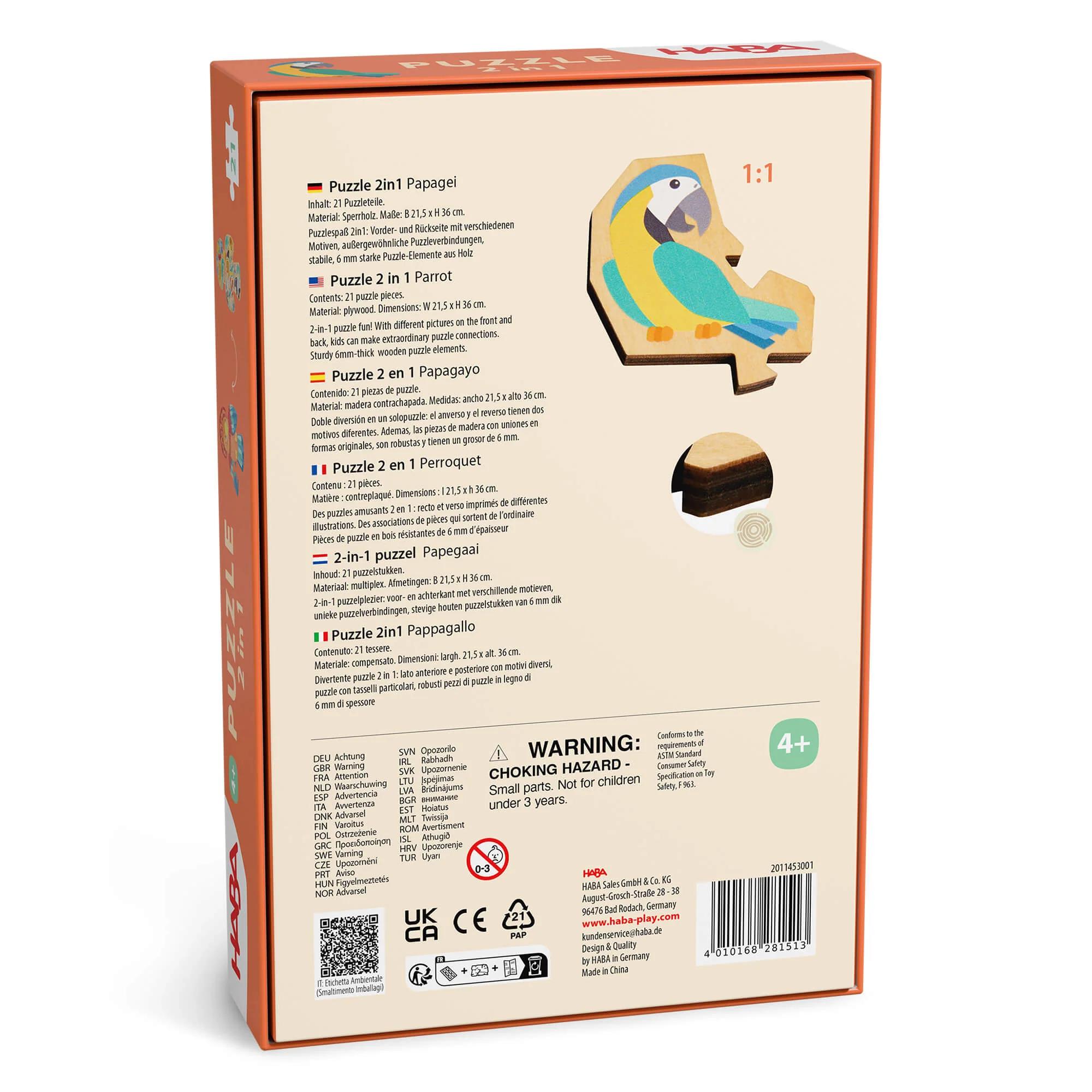 Parrot 2-in-1 Wooden Puzzle with 21 Double-Sided Pieces