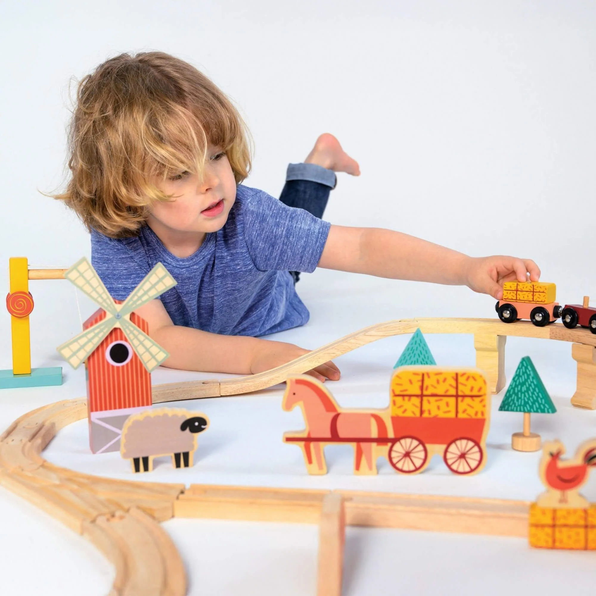 Mentari Farmyard Wooden Train Set for Countryside Storytelling Play