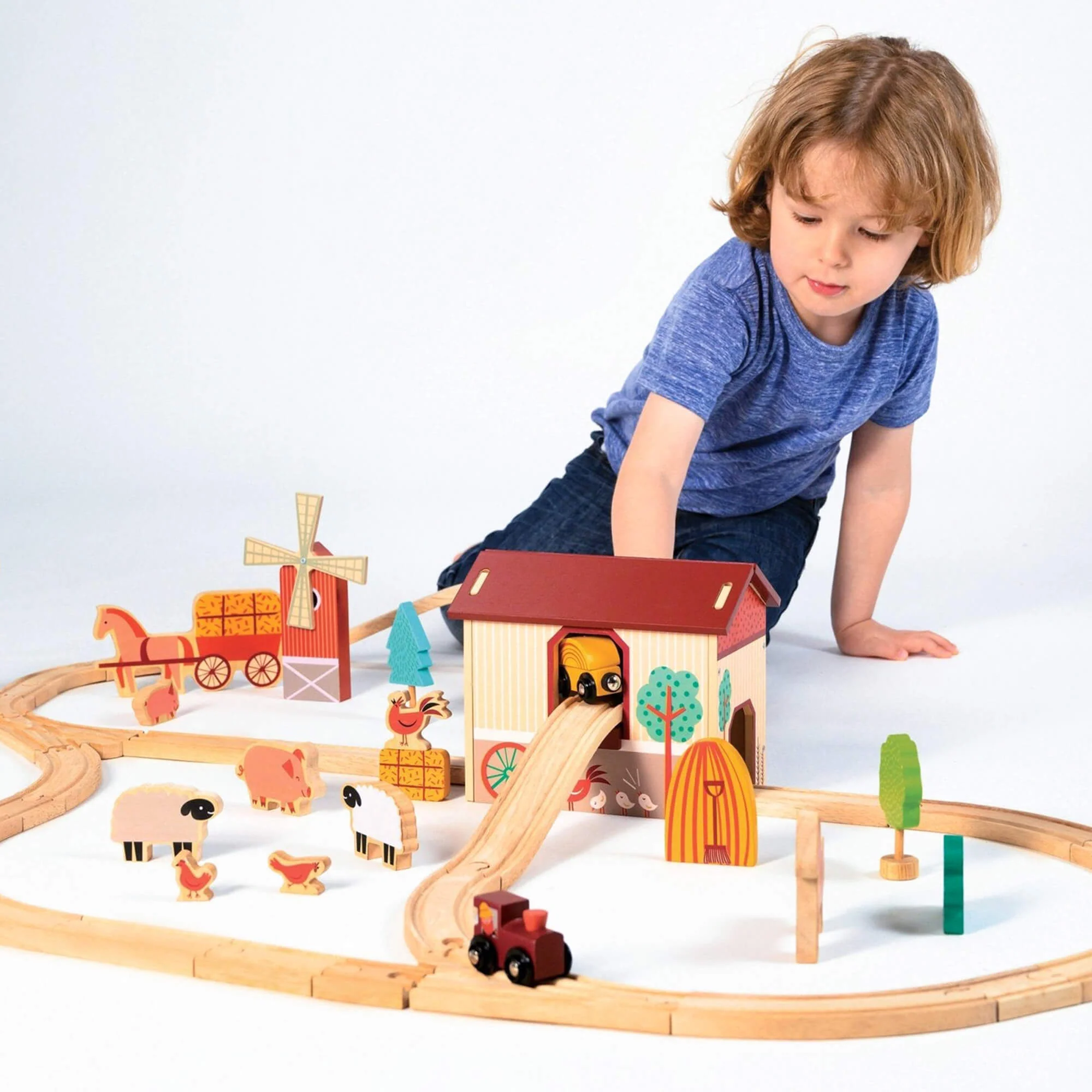 Mentari Farmyard Wooden Train Set for Countryside Storytelling Play
