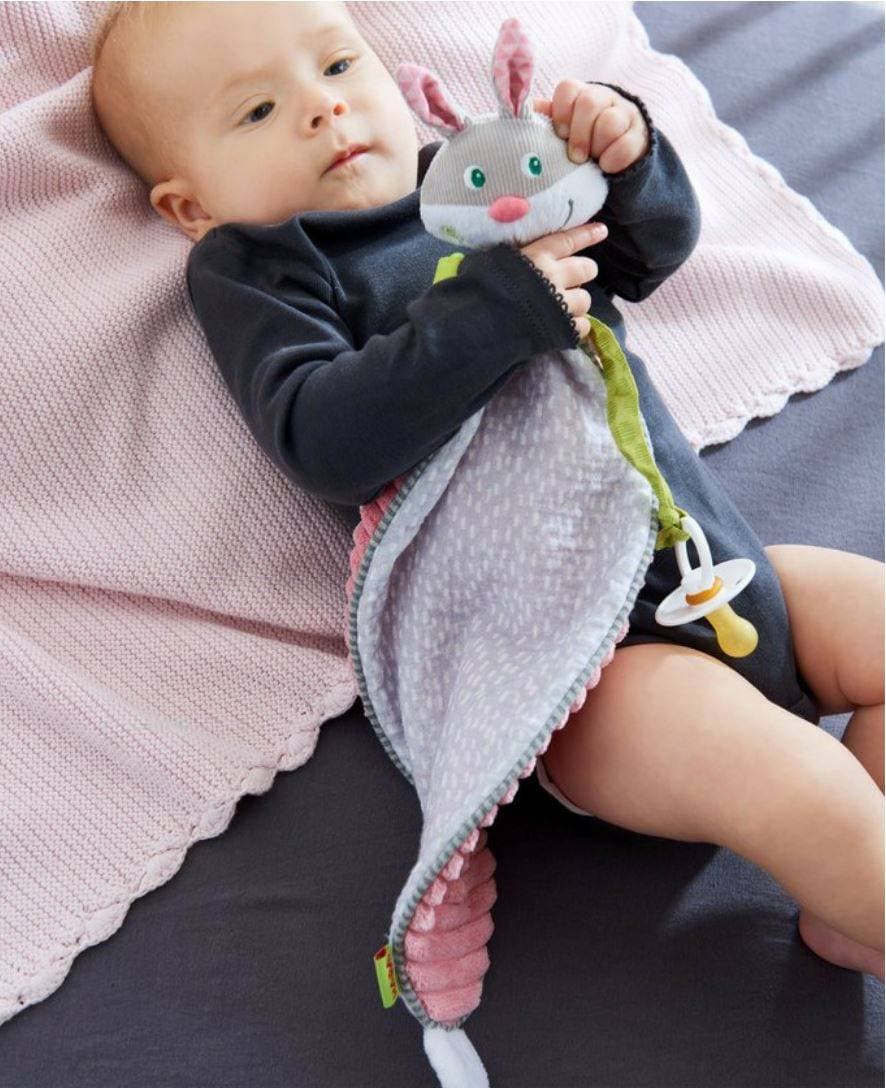 Bunny Lovey Baby Blankie with Rattle Rings and Pacifier Strap