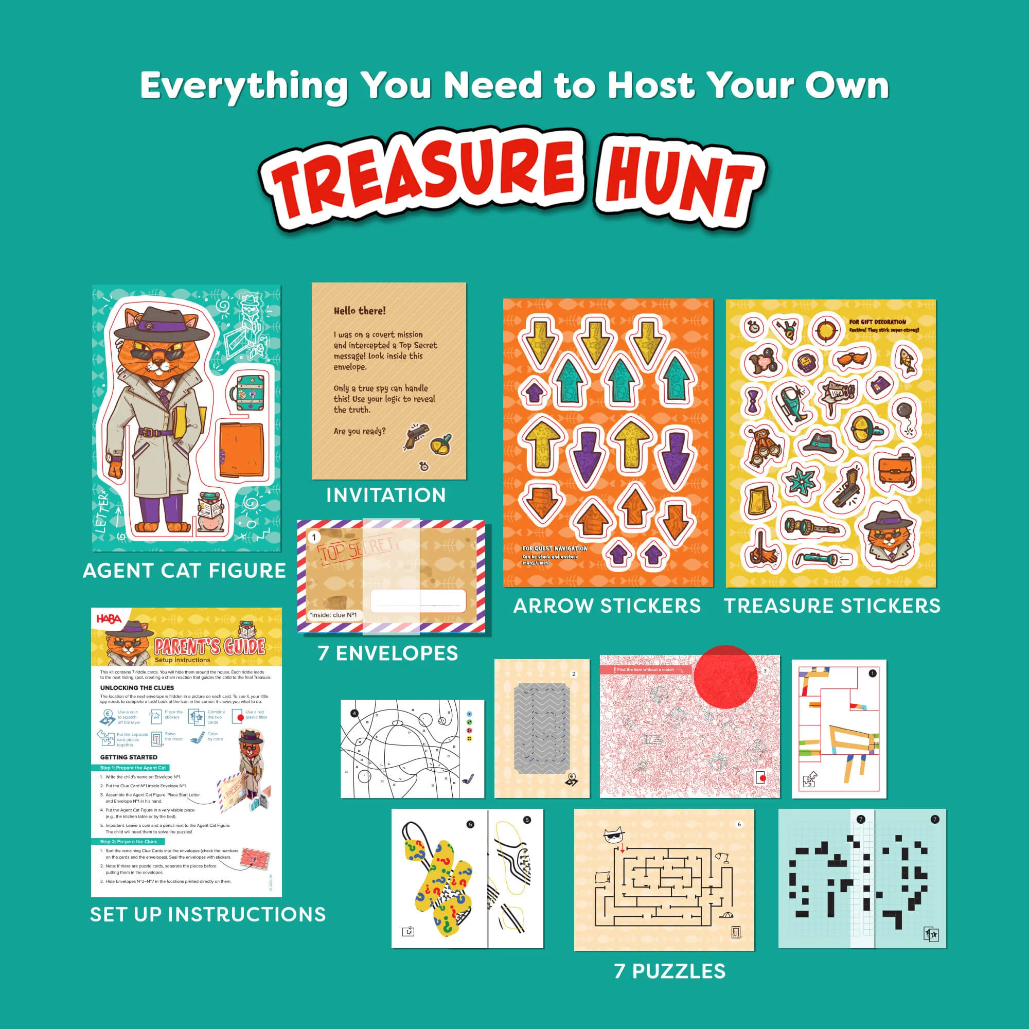 Secret Agent Treasure Hunt Party Game with 7 Clue Envelopes