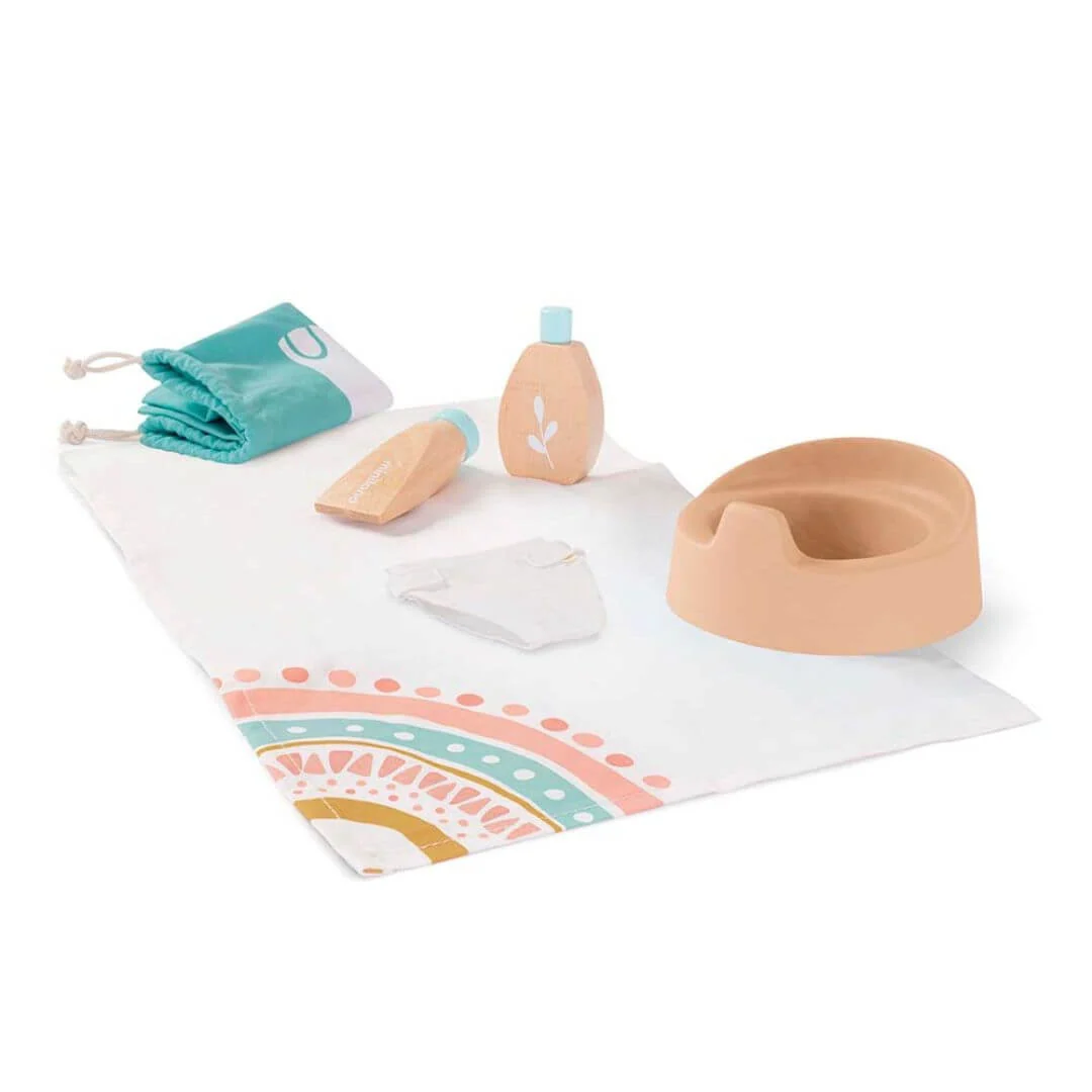 Miniland Wooden Doll Care Set with Potty, Lotion and Changing Mat