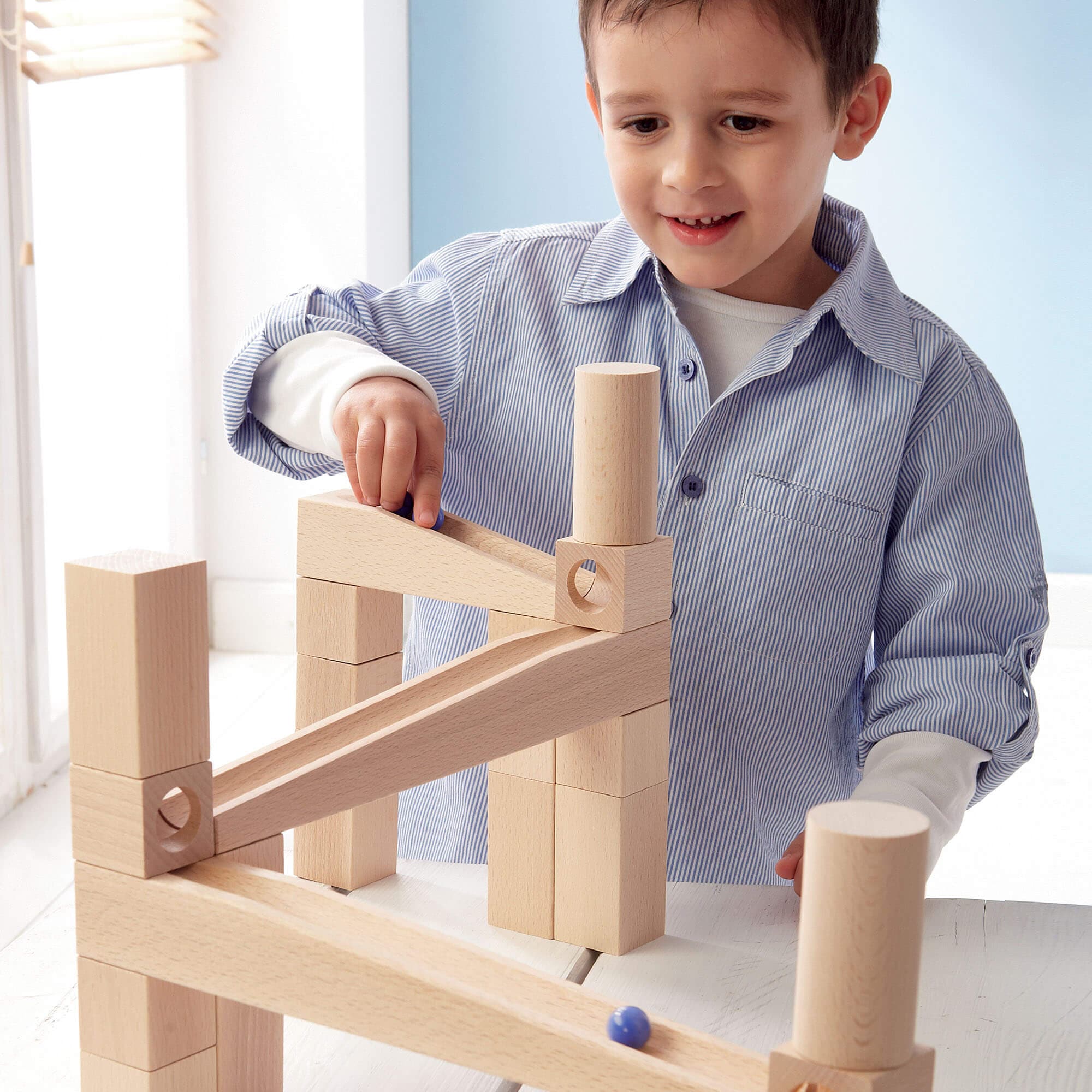 Marble Run Starter Set with Wooden Blocks, Ramps and Marbles