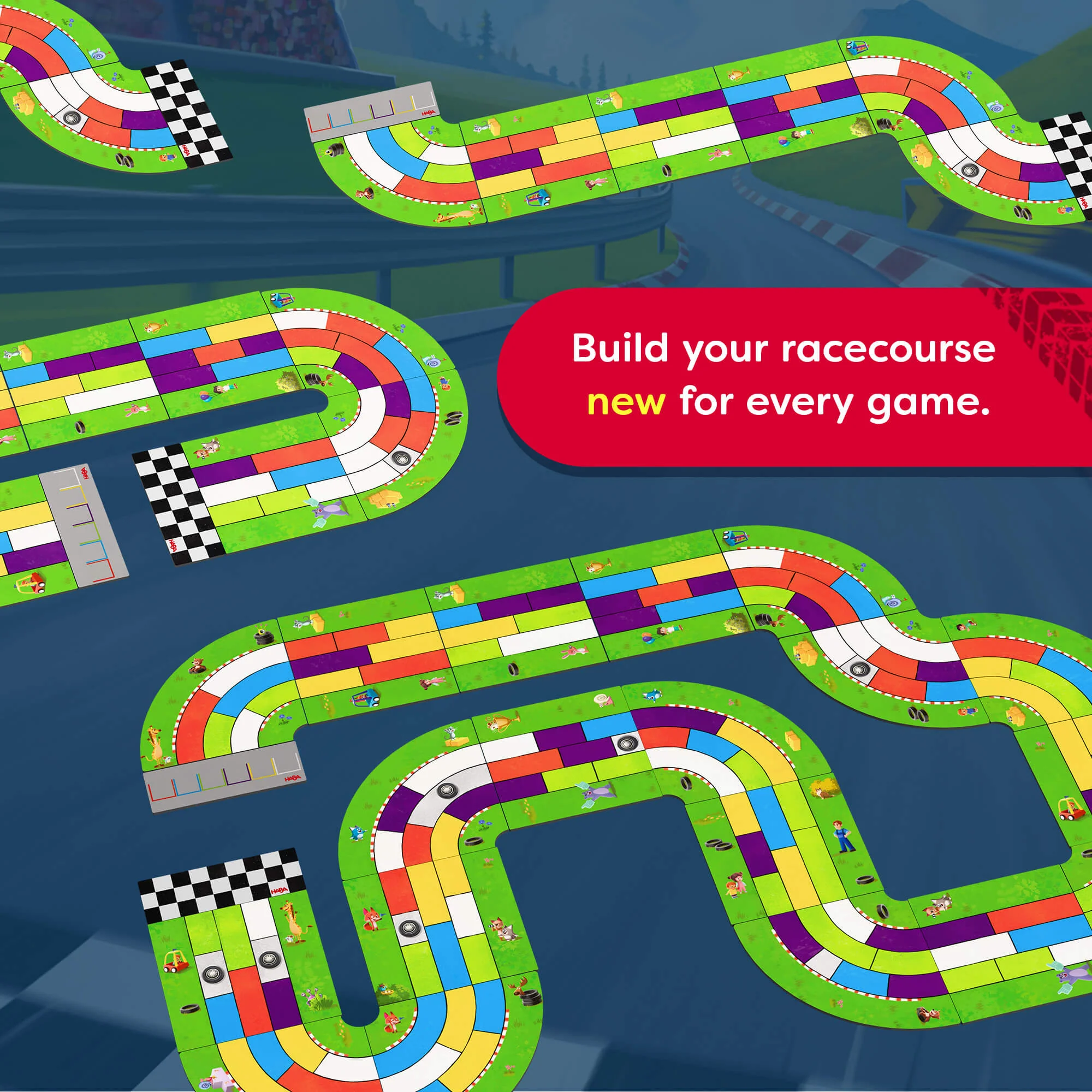 HABA Monza Racing Game with 20 Modular Track Tiles and 6 Wooden Cars