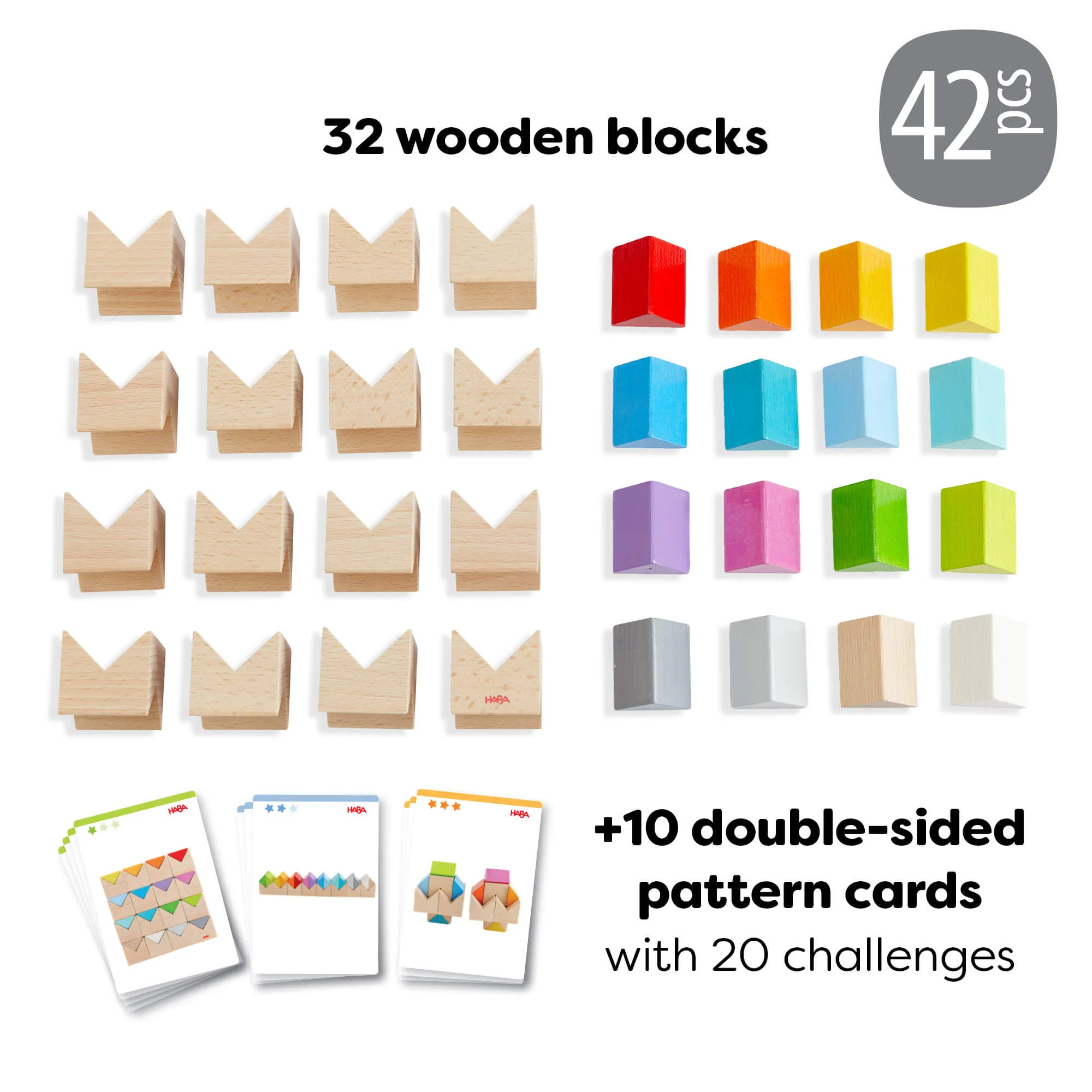 Colorful Triangle Wooden Block Game with 32 Blocks and Pattern Cards