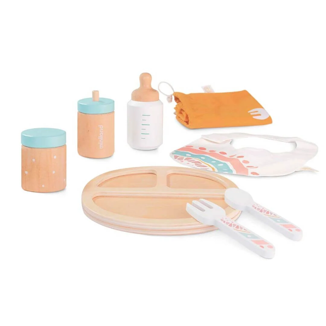 Miniland Wooden Doll Feeding Set with Plate and Bottle