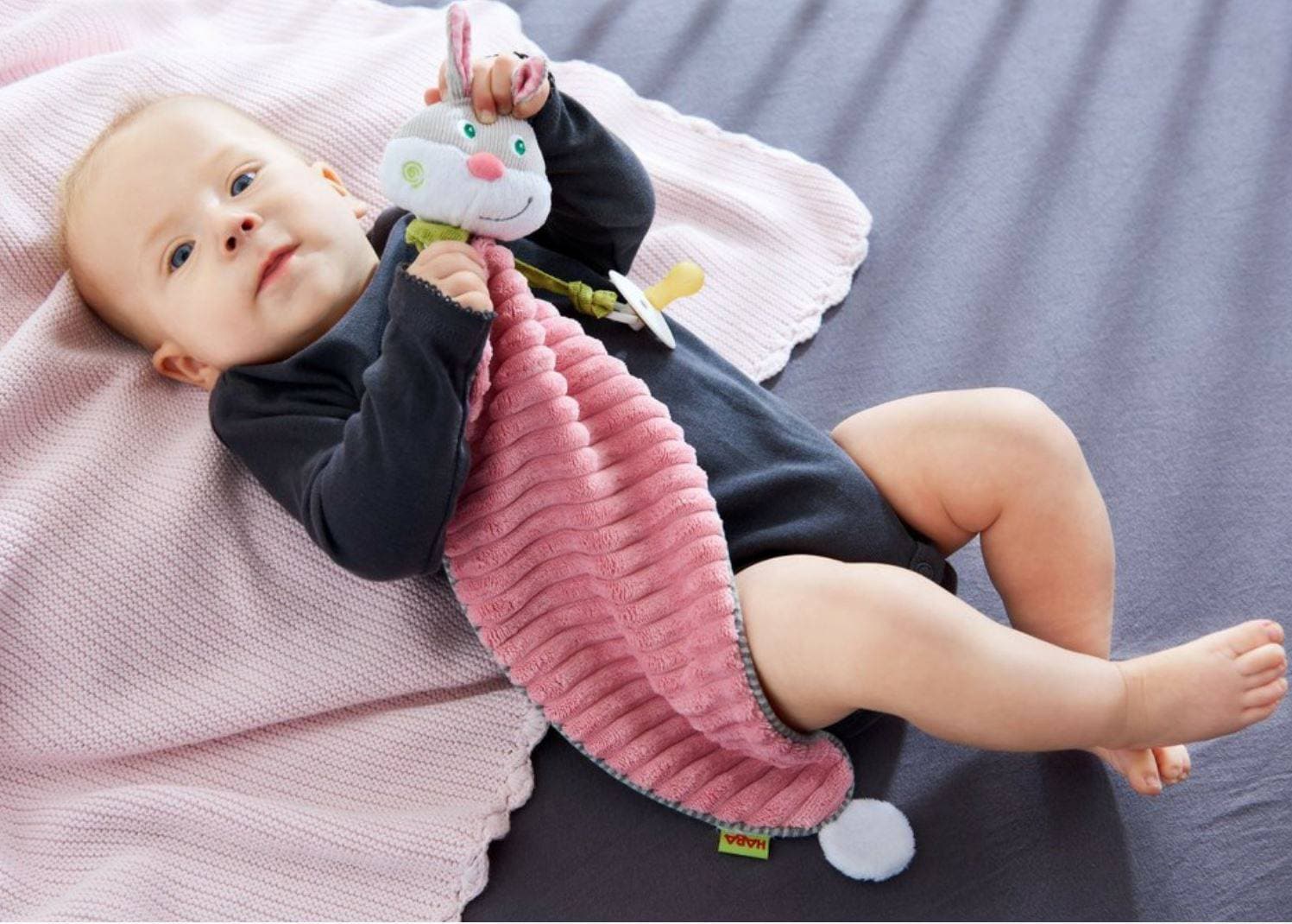 Bunny Lovey Baby Blankie with Rattle Rings and Pacifier Strap