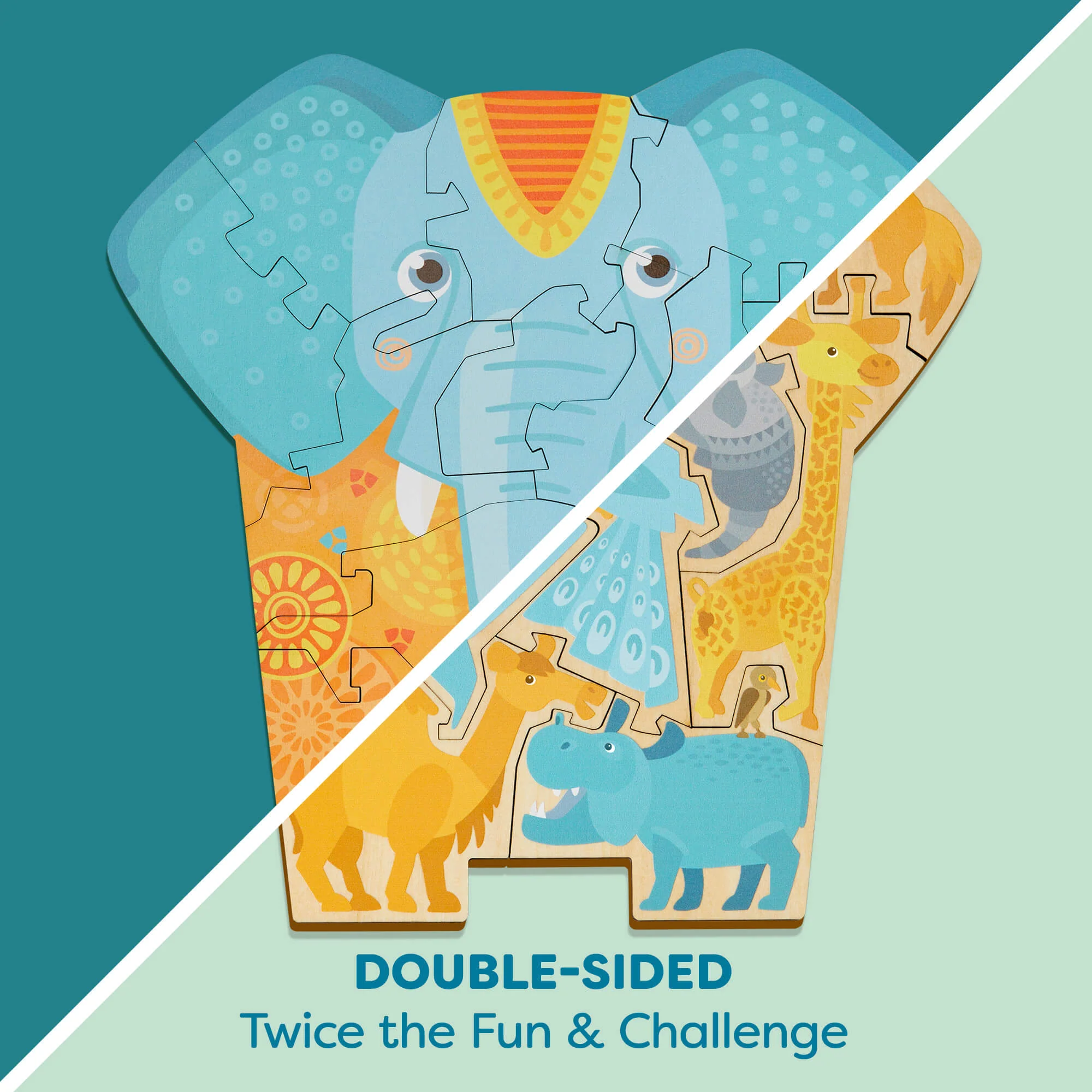 Elephant 2-in-1 Wooden Puzzle with 12 Double-Sided Pieces