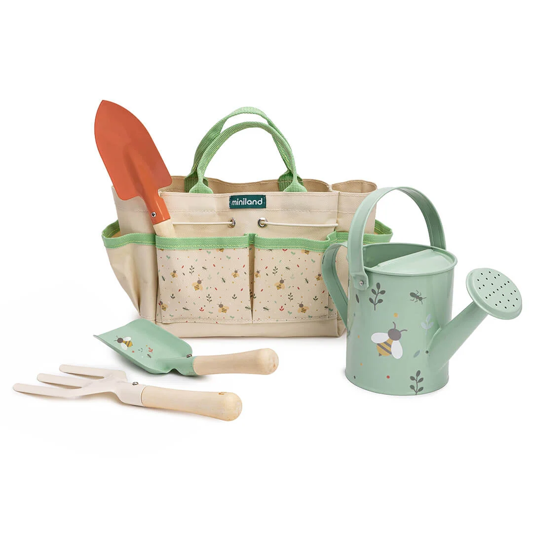 Miniland Kids Gardening Set with Tools, Watering Can and Storage Tote