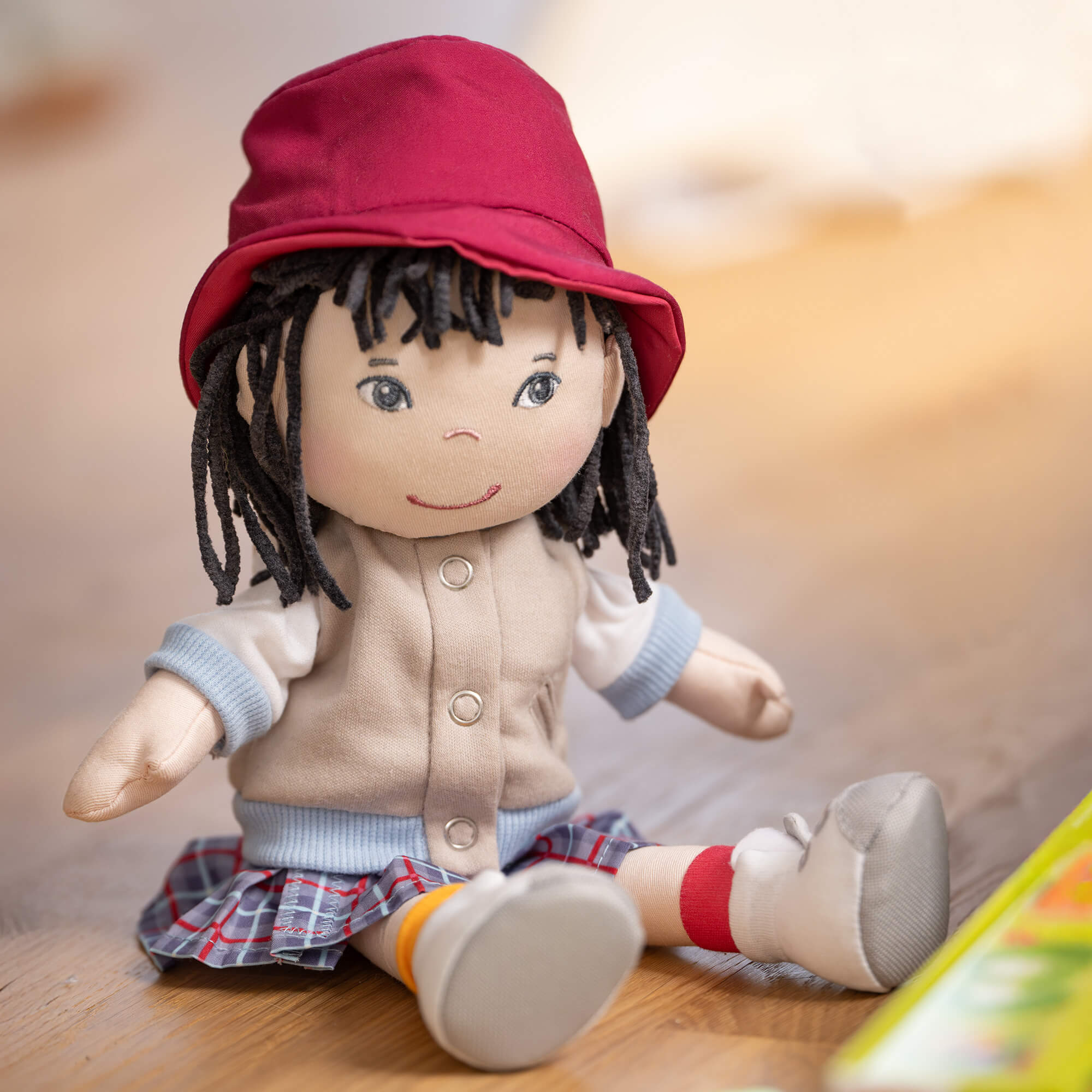 Yuki 12" Soft Doll with Red Bucket Hat and Plaid Skirt
