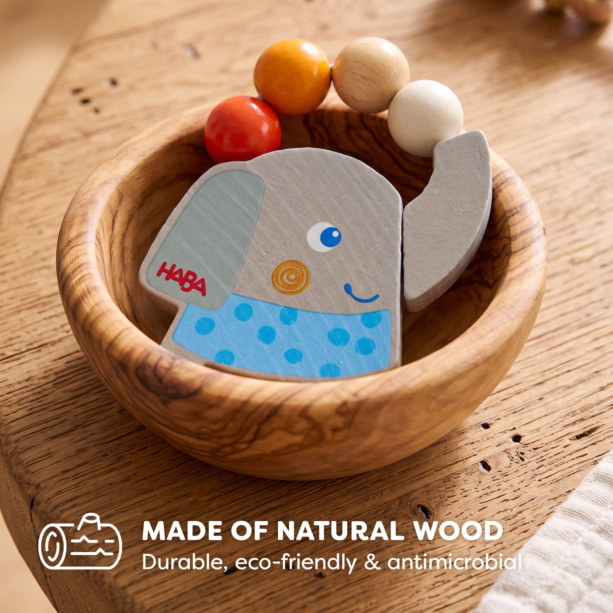 Wooden Elephant Rattle & Grasping Toy for Babies
