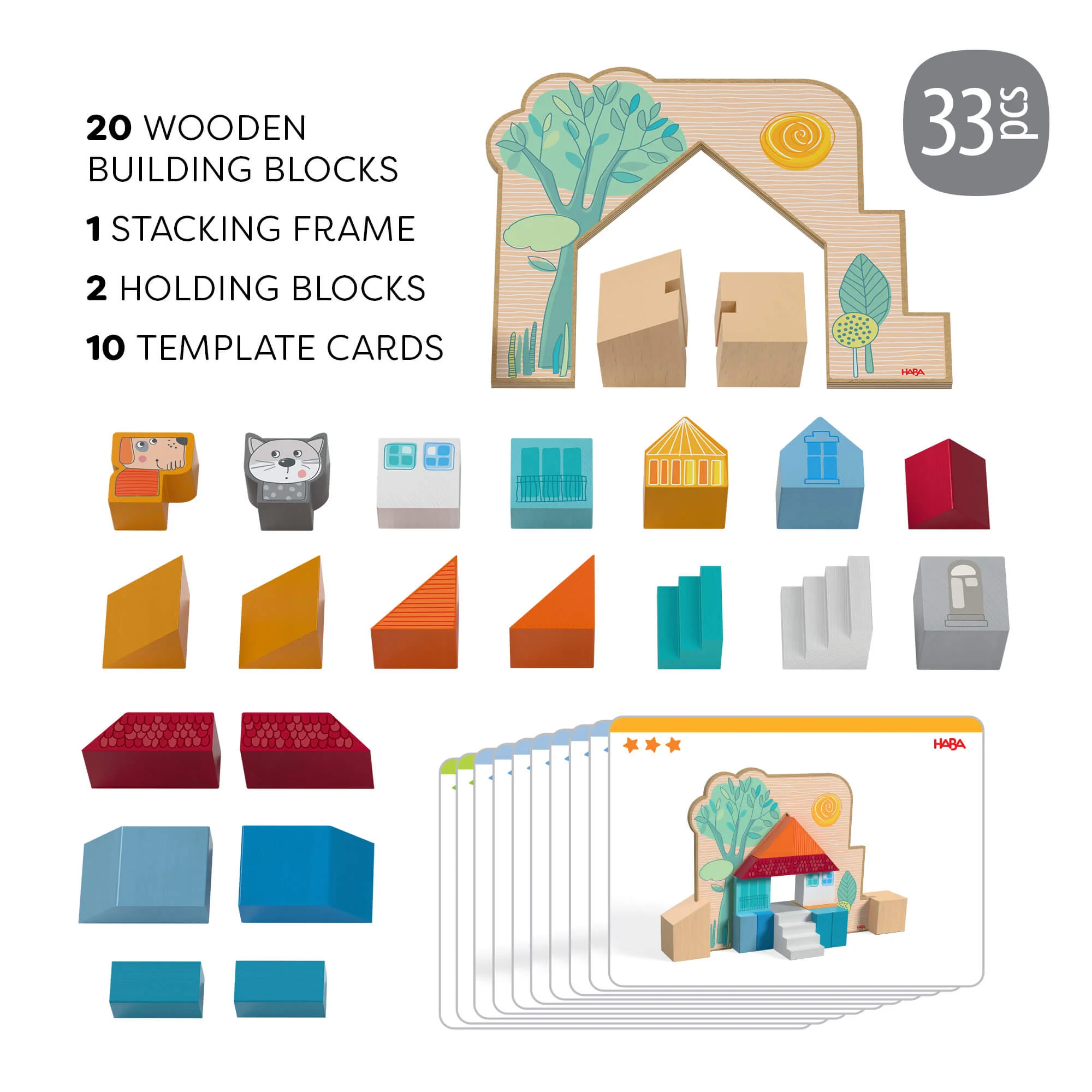 HABA Cottage Puzzle Blocks Game with 20 Wooden Blocks and Cat and Dog