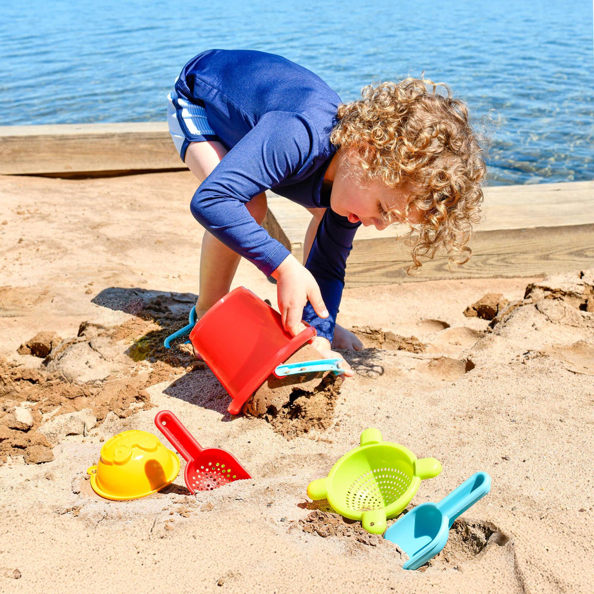 HABA 5 Piece Basic Sand Toys Set with Red Pail, Scoop, and Sifting Shovel