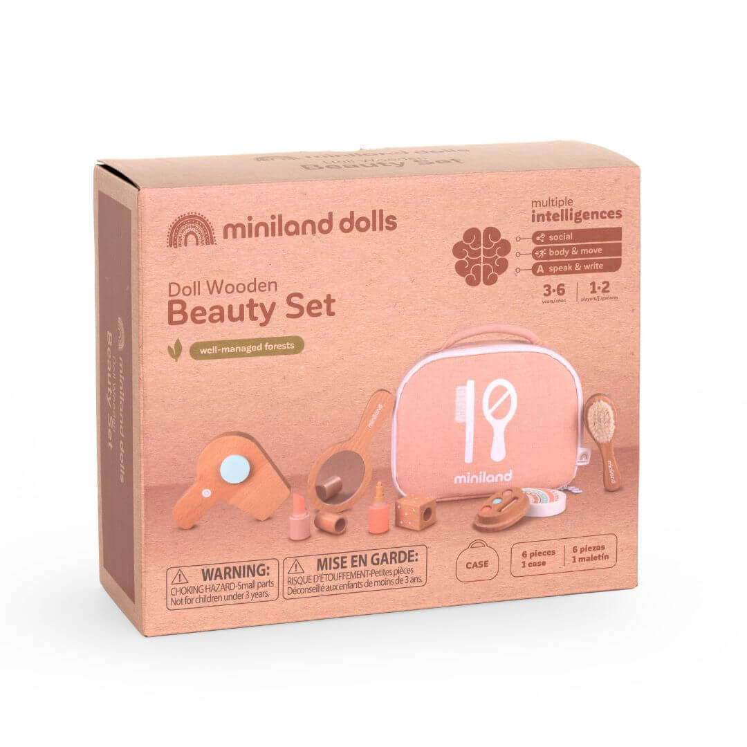Miniland Wooden Doll Beauty Set with Mirror, Brush and Carry Case