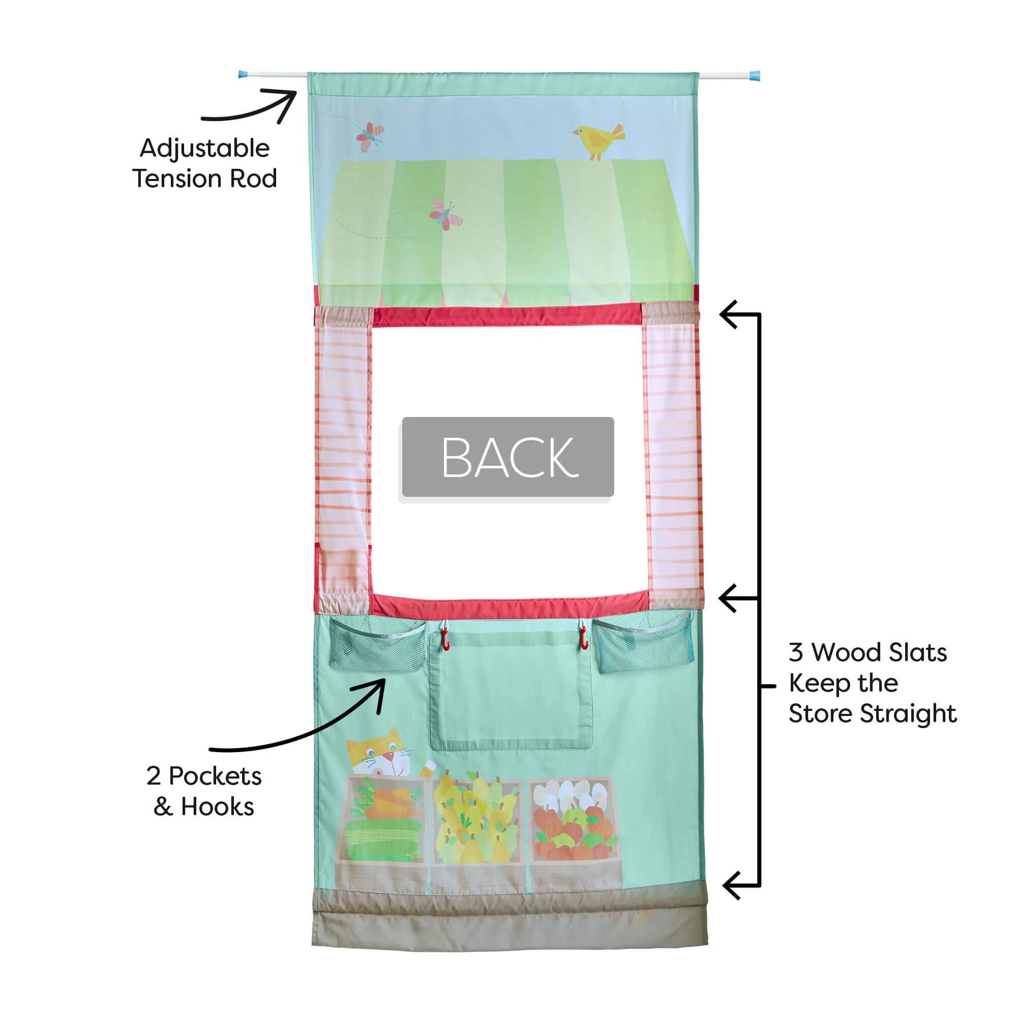 Hanging Doorway Play Store with Telescopic Rod and Beech Slats