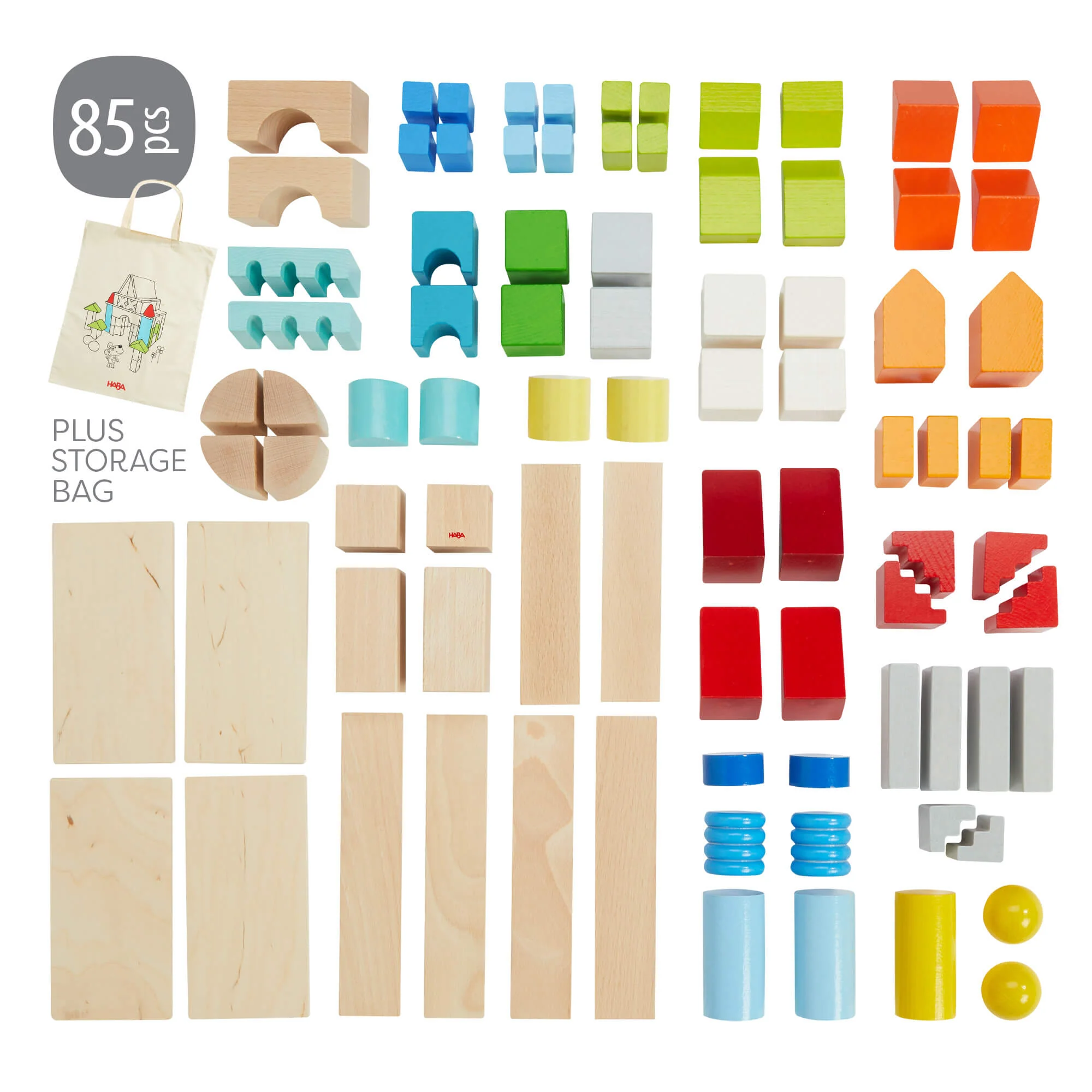 Colored Wooden Building Blocks 85 Piece Set with Cotton Bag