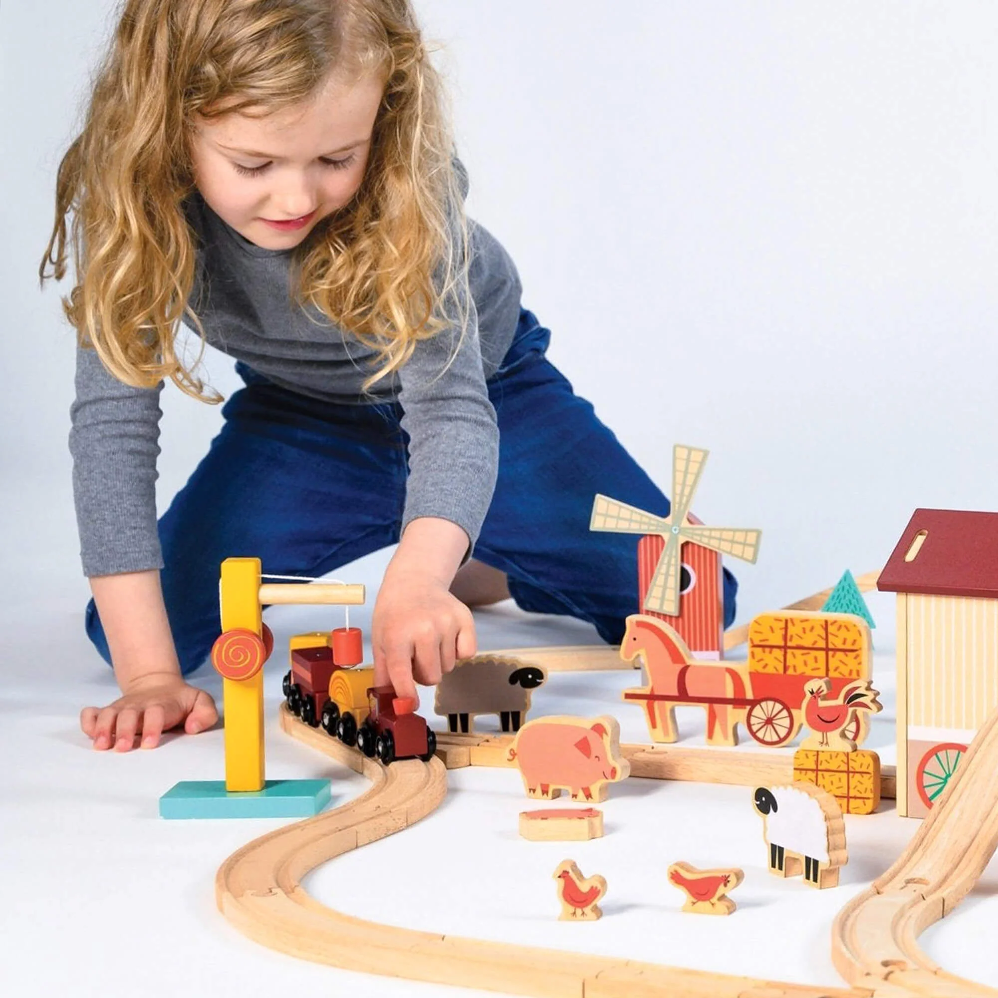 Mentari Farmyard Wooden Train Set for Countryside Storytelling Play