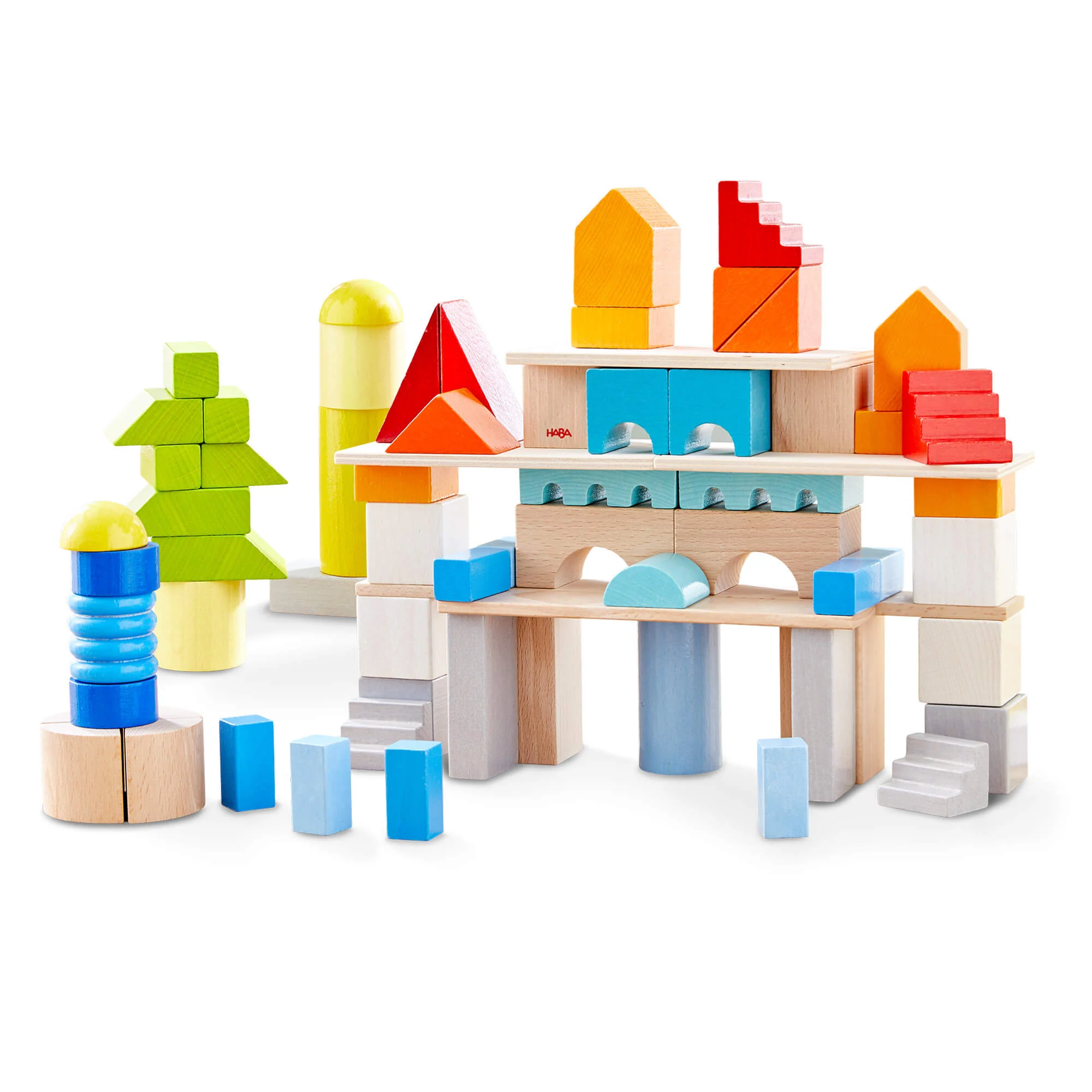Colored Wooden Building Blocks 85 Piece Set with Cotton Bag
