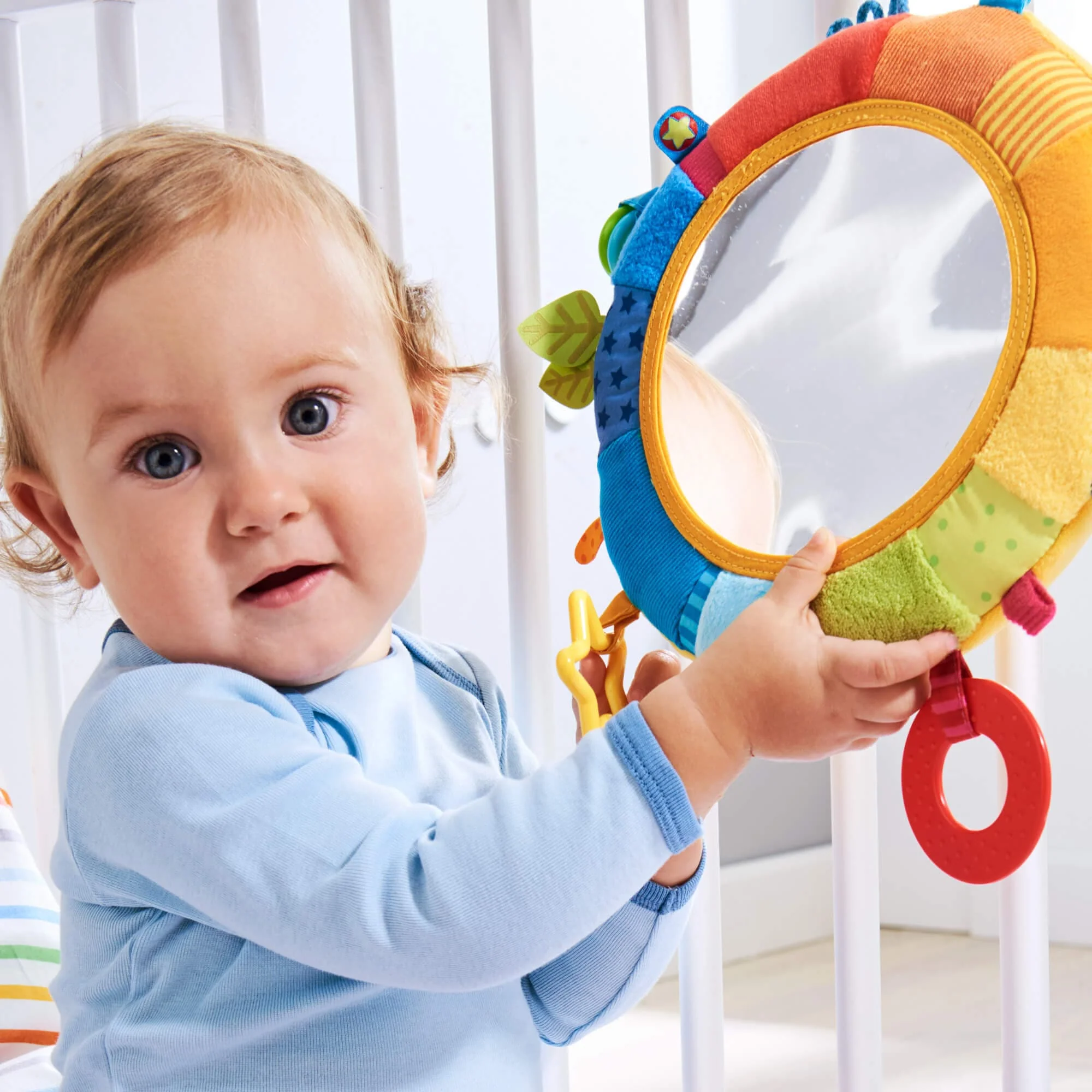 Rainbow Discovery Mirror Baby Teether Ring with Hook-and-Loop Fastener