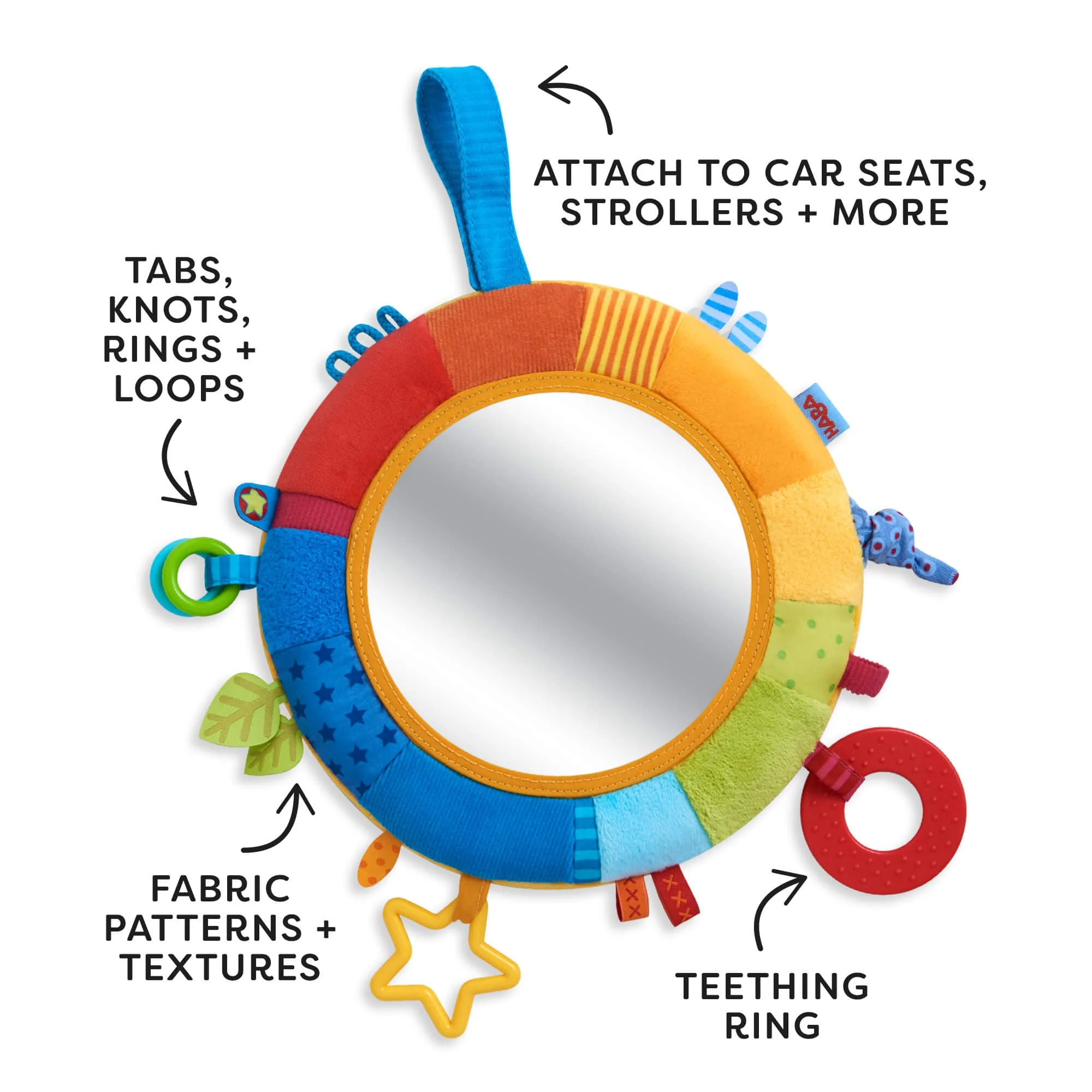 Rainbow Discovery Mirror Baby Teether Ring with Hook-and-Loop Fastener