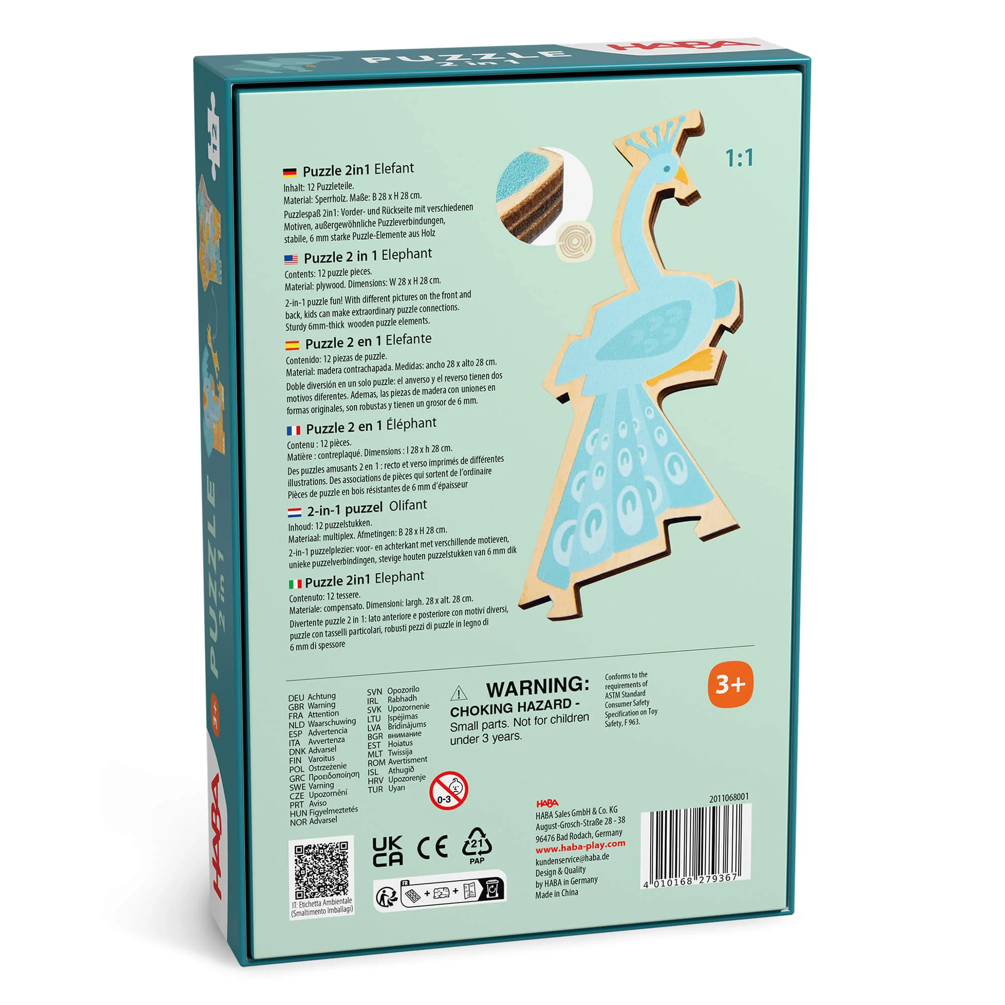 Elephant 2-in-1 Wooden Puzzle with 12 Double-Sided Pieces