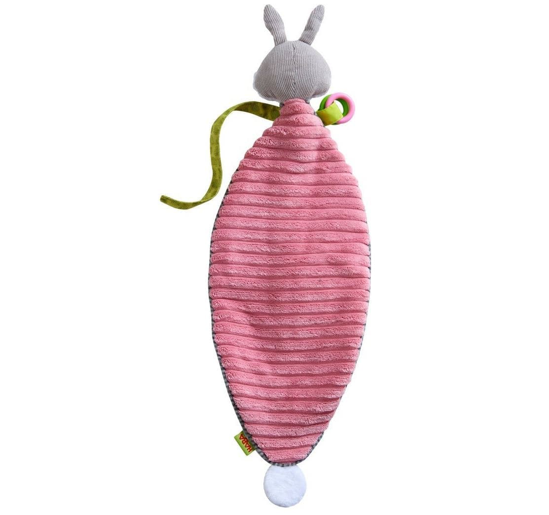 Bunny Lovey Baby Blankie with Rattle Rings and Pacifier Strap