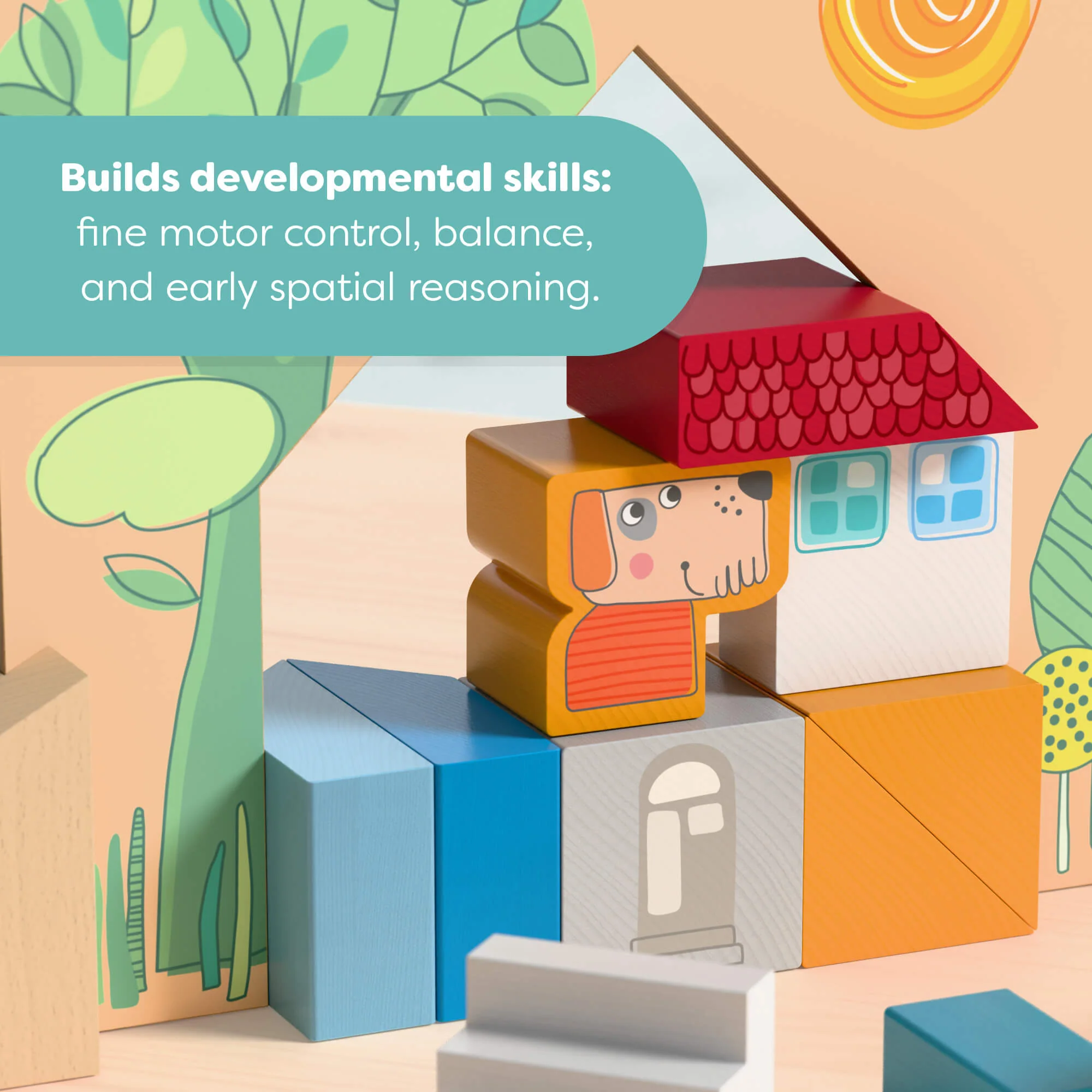 HABA Cottage Puzzle Blocks Game with 20 Wooden Blocks and Cat and Dog