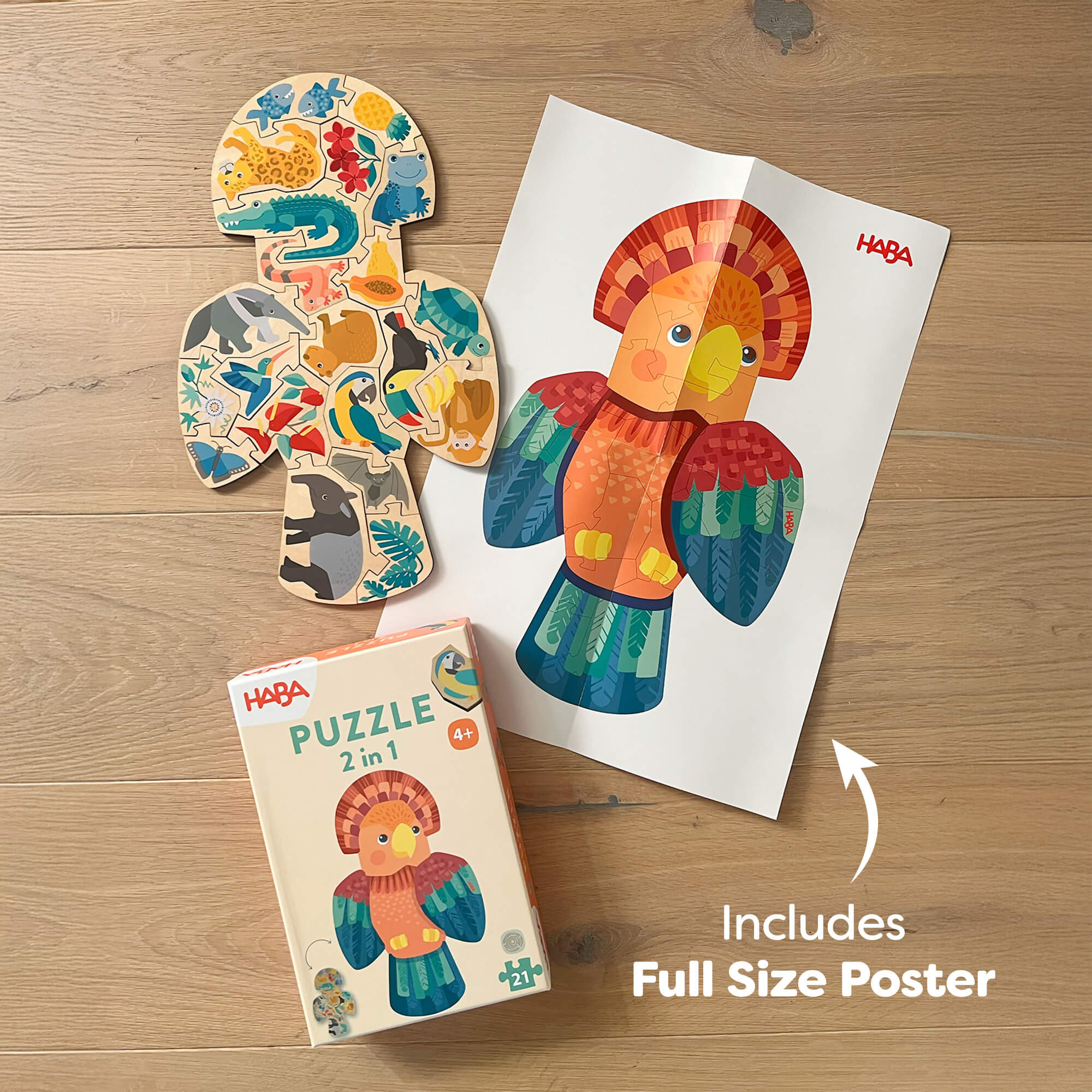 Parrot 2-in-1 Wooden Puzzle with 21 Double-Sided Pieces