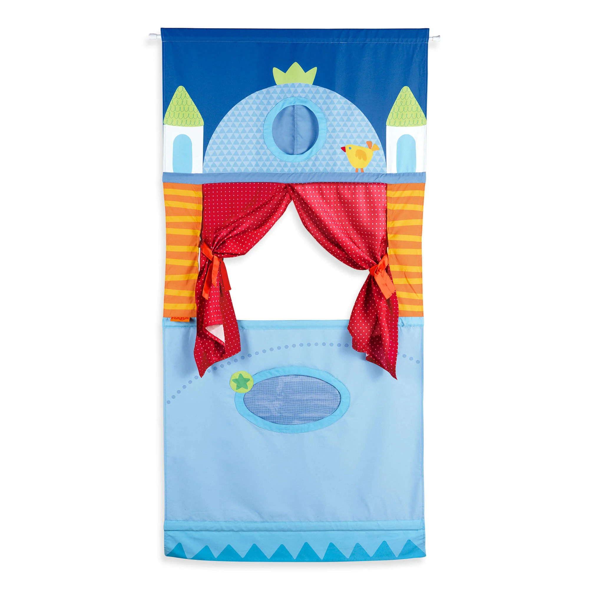 HABA Doorway Puppet Theater with Adjustable Rod and Red Curtains